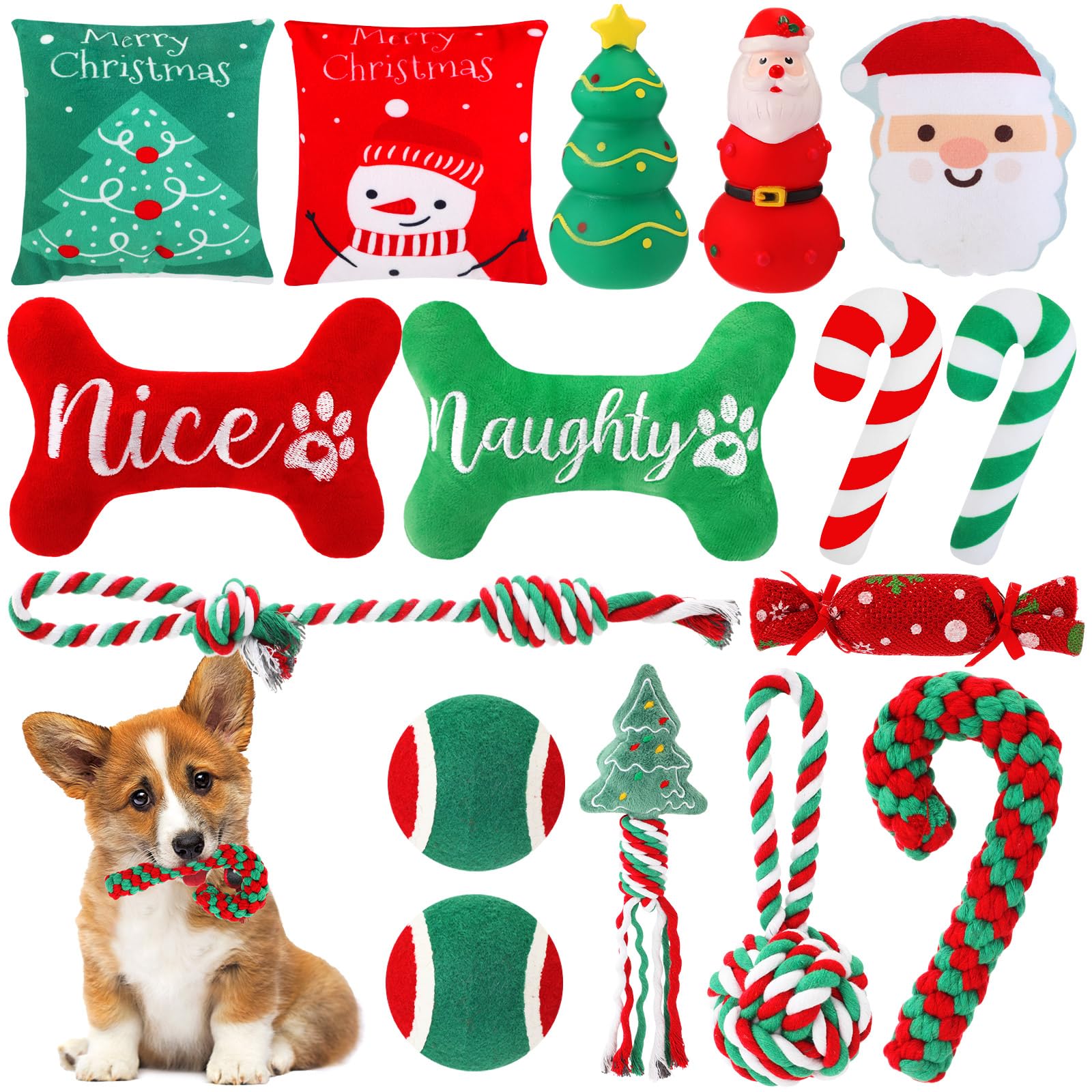 Lot de 16 jouets de Noël pour chien - Jouets couineurs en corde à mâcher pour chiens de petite, moyenne et grande taille - Cadeau de dentition