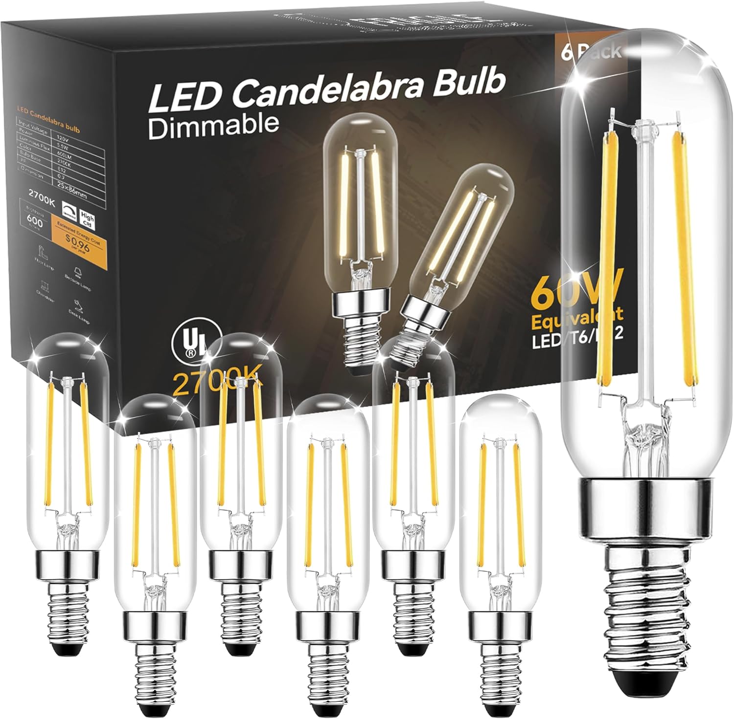 TJOY E12 Candelabra LED Bulbs, Dimmable 5.5W Equivalent 60W 2700K Soft Warm White, Small Base T8 Light Bulb, Vintage Edison Bulb Decorative for Chandelier Ceiling Fan Wall Sconces, 600lm, 6pack