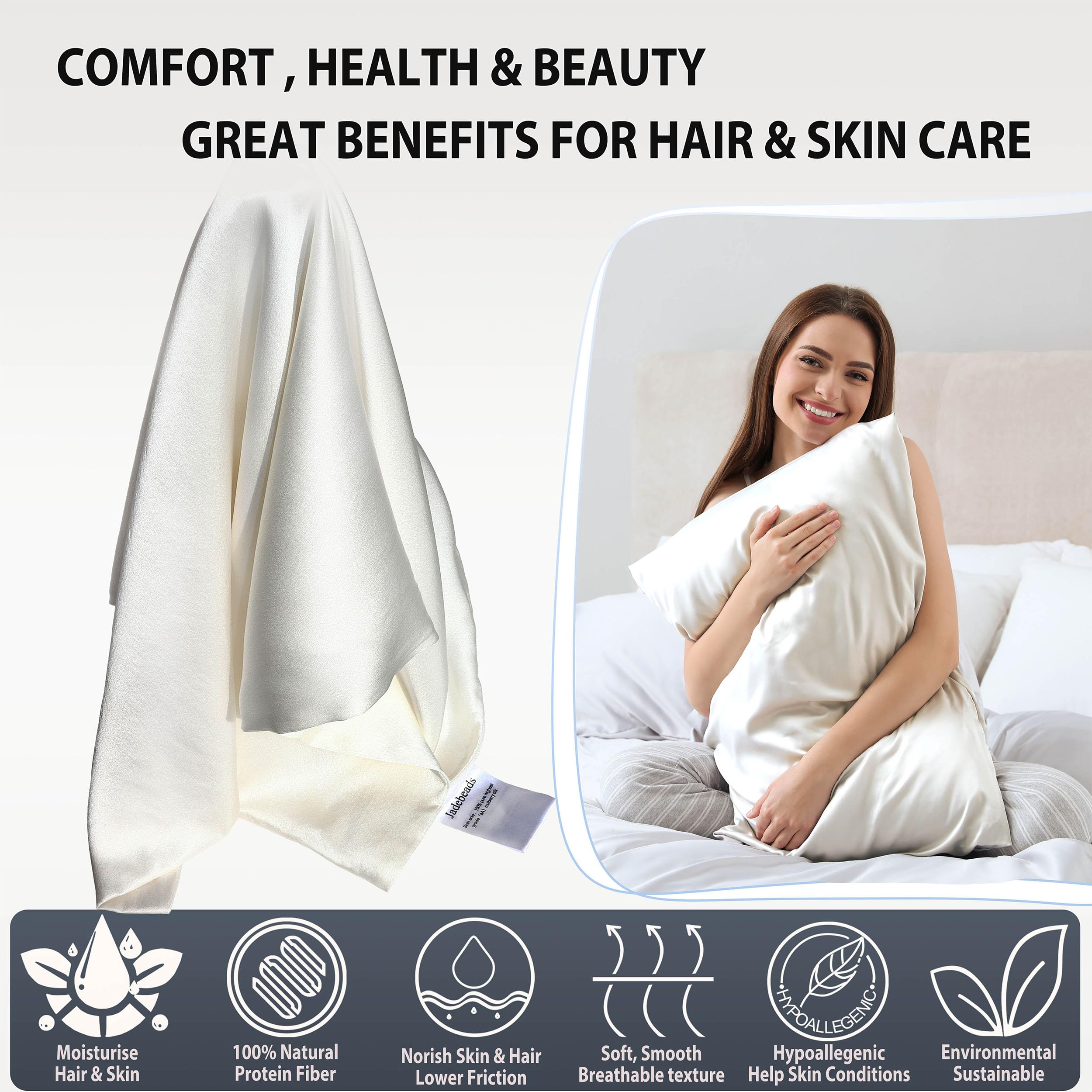 Jadebeads Lujosas fundas de almohada de seda de morera 100 % pura de 22 momme para cabello y piel, funda de almohada de seda blanca con cremallera, paquete de 2 fundas de almohada para regalos