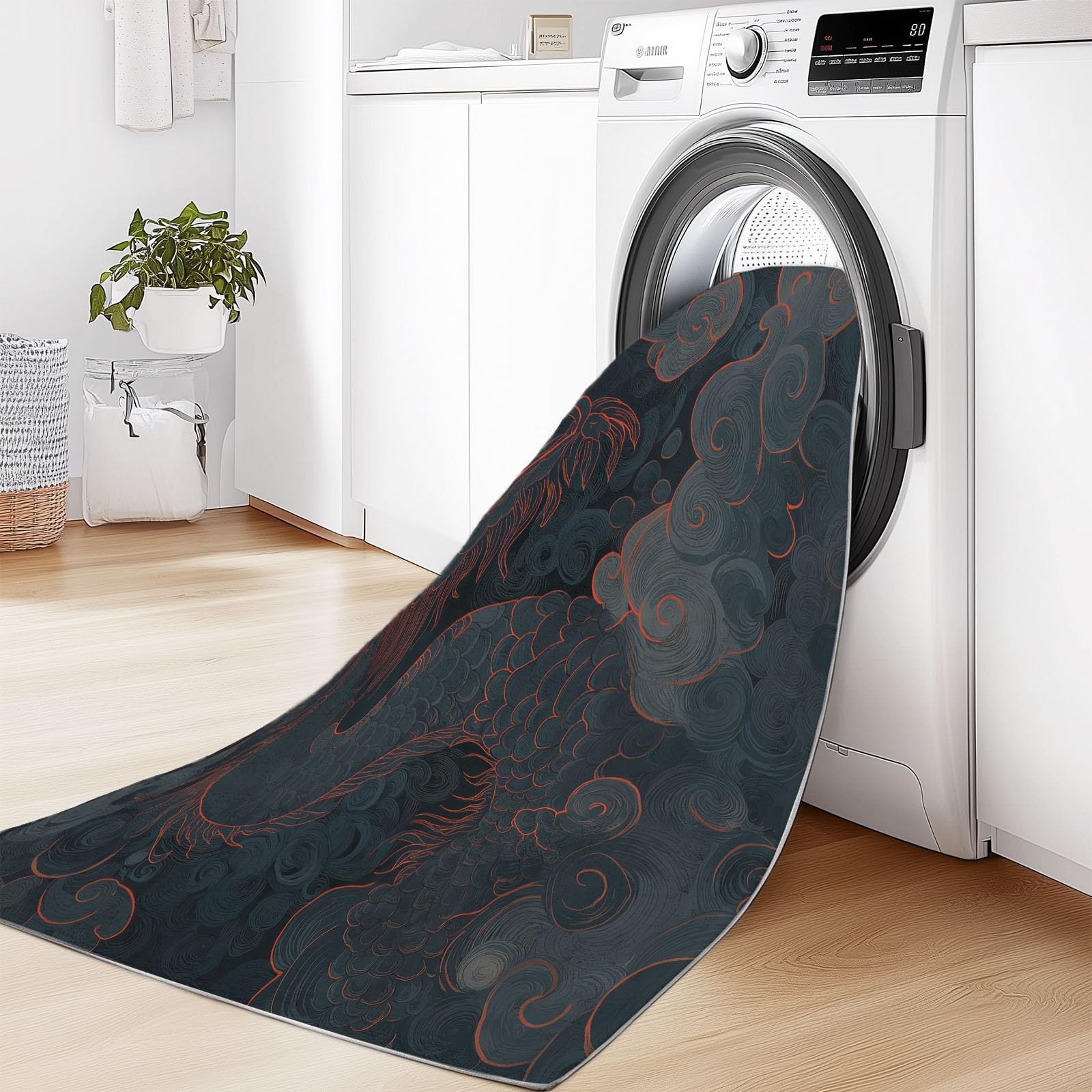 Alfombra antideslizante lavable con diseño de dragón chino y luna roja, 160 x 230 cm, alfombra antideslizante para dormitorio, sala de estar, alfombra de suelo de pelo corto, fácil de limpiar