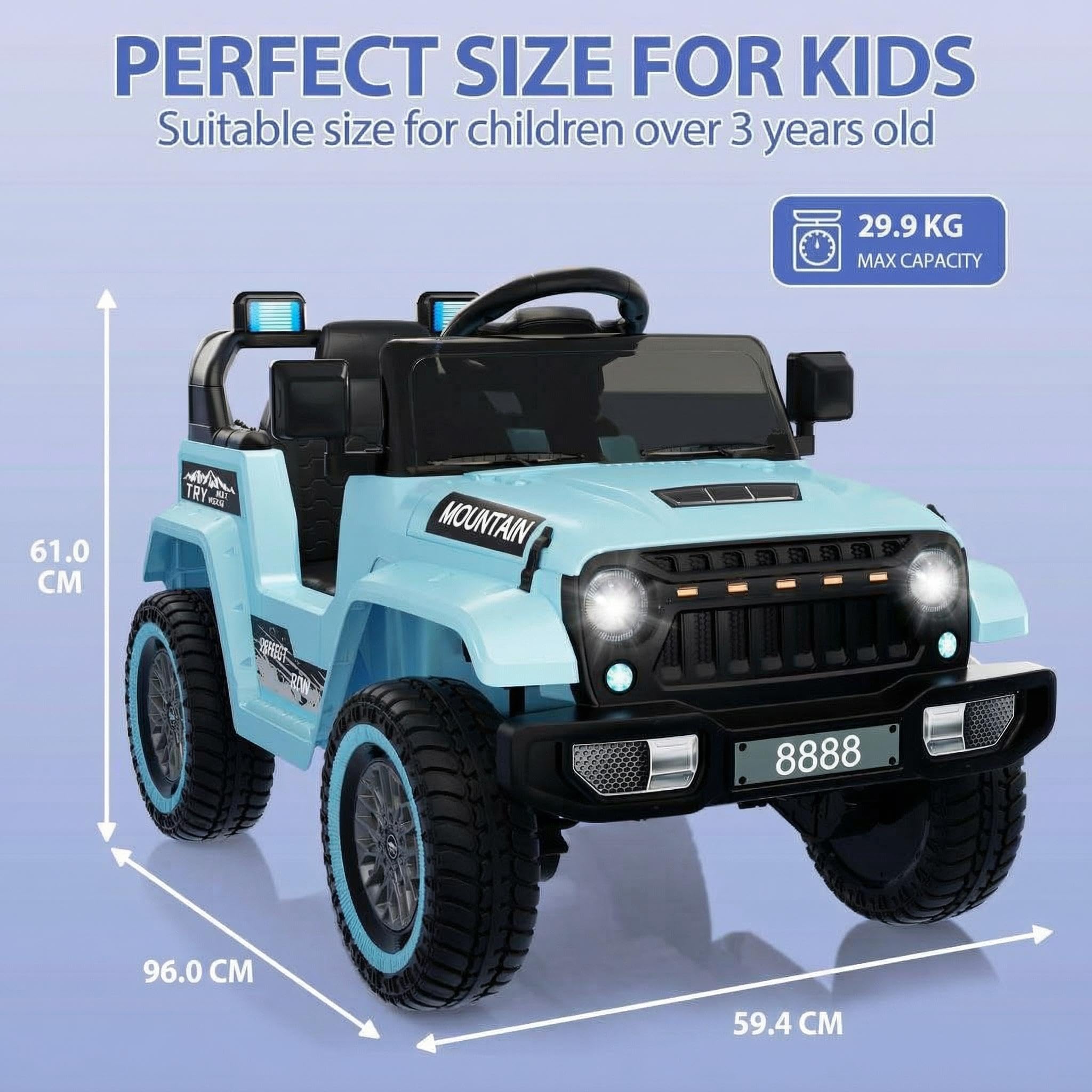GarveeTech 12V Kinder Elektroauto mit 2x35W Motoren – Fernbedienung, Musikplayer, LED-Scheinwerfer, Hupe, Federung, Sicherheitsgurt, Türen – Elektrofahrzeug für Jungen – Blau