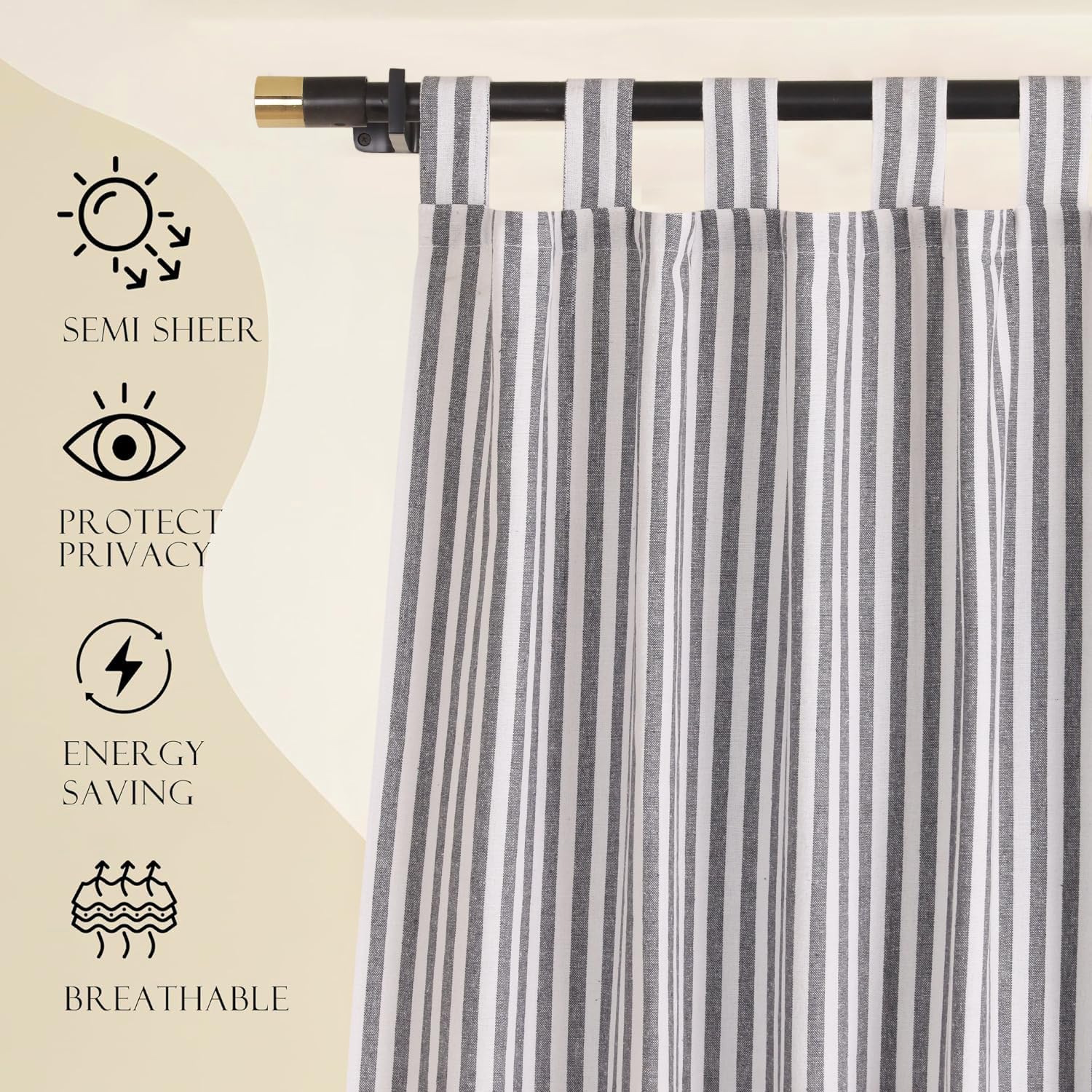 THE ART BOX Lot de 2 rideaux en gaze à rayures avec pattes sur le dessus – Filtrage de la lumière – Pour salon, chambre à coucher, gris sur blanc (243 x 106 cm (l x L) par panneau)