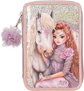 Depesche 13292 TOPModel Viva Violet - Estuche Relleno de 3 Compartimentos en Color Lila, con diseño de Caballo y Purpurina, Estuche con lápices de Colores, Regla, Tijeras UVM., Multicolor, TOPModel
