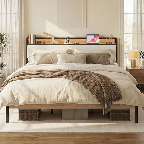 Miniatura 13 de LIKIMIO Base de cama matrimonial con cabecera de almacenamiento y luces LED, plataforma de metal con estación de carga, sin ruido, no necesita