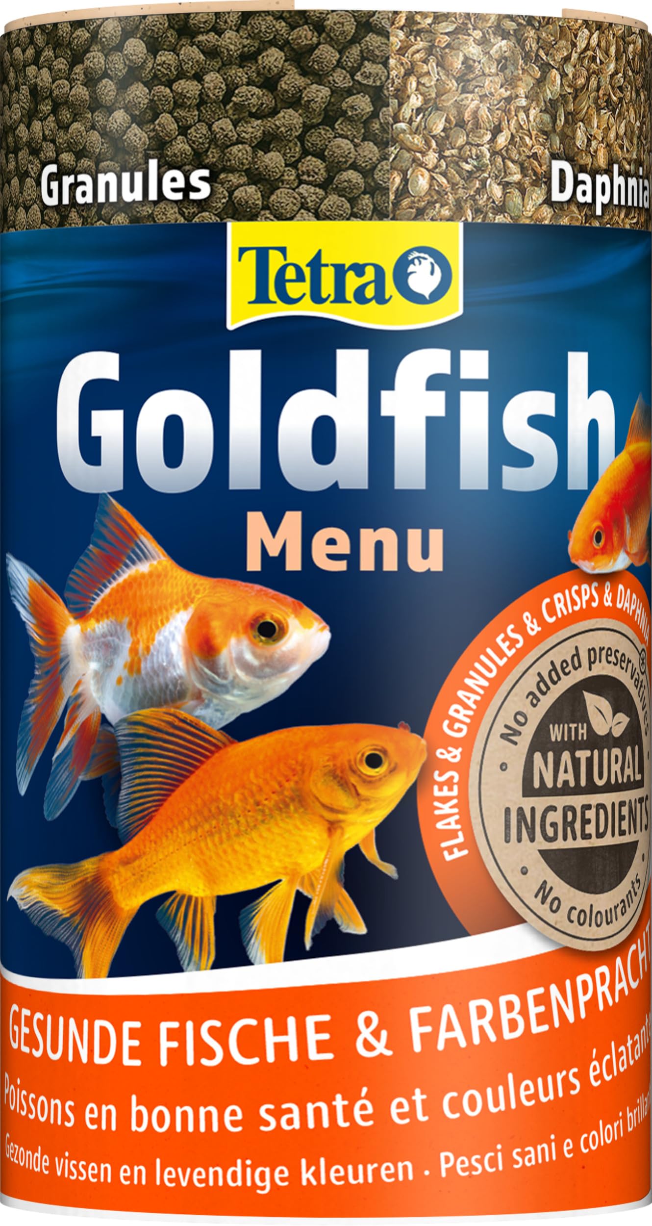 Tetra Goldfish Menu – Mezcla 4 en 1 de alimento para peces con crisps, copos, gránulos y daphnias para todos los goldfish y otros peces de agua fría, bote de 250 ml