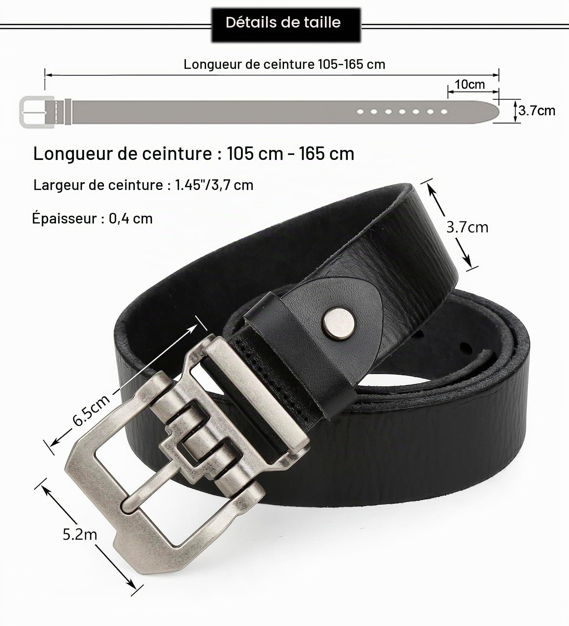 JingHao Ceinture Homme Cuir Véritable,Ceinture en Cuir Pour Décontracté Jeans,Longueur 105cm-165cm Pour Taille Régulière ou Grande Taille,Noir Marron 38mm
