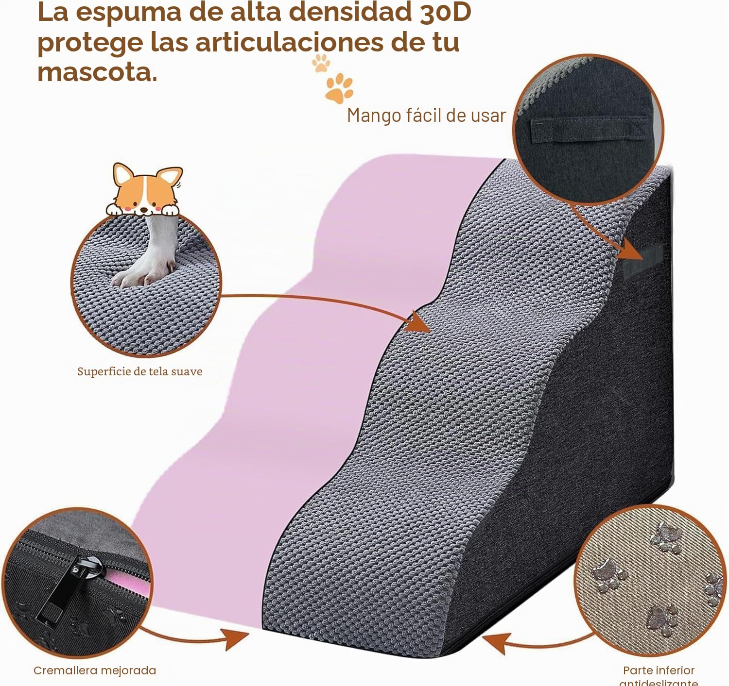 Escalera Ancha para Perros, 3 peldaños, 30 cm de Alto, para Perros pequeños, Espuma de Alta Densidad, Funda Lavable y Base Antideslizante, 32 x 60 x 30 cm