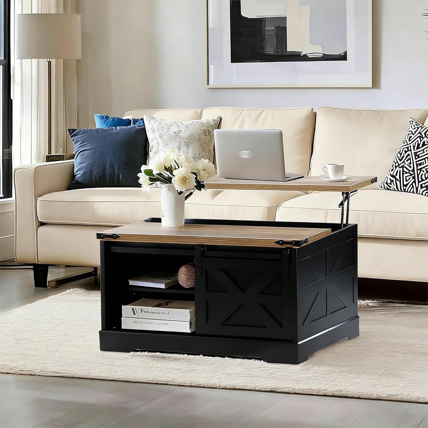 Farmhouse Lift Top Coffee Table with Hidden Storage Square Coffee Table Sliding Barn Door and Adjustable Shelf Rustic Wood Center Table for Living Room, Black