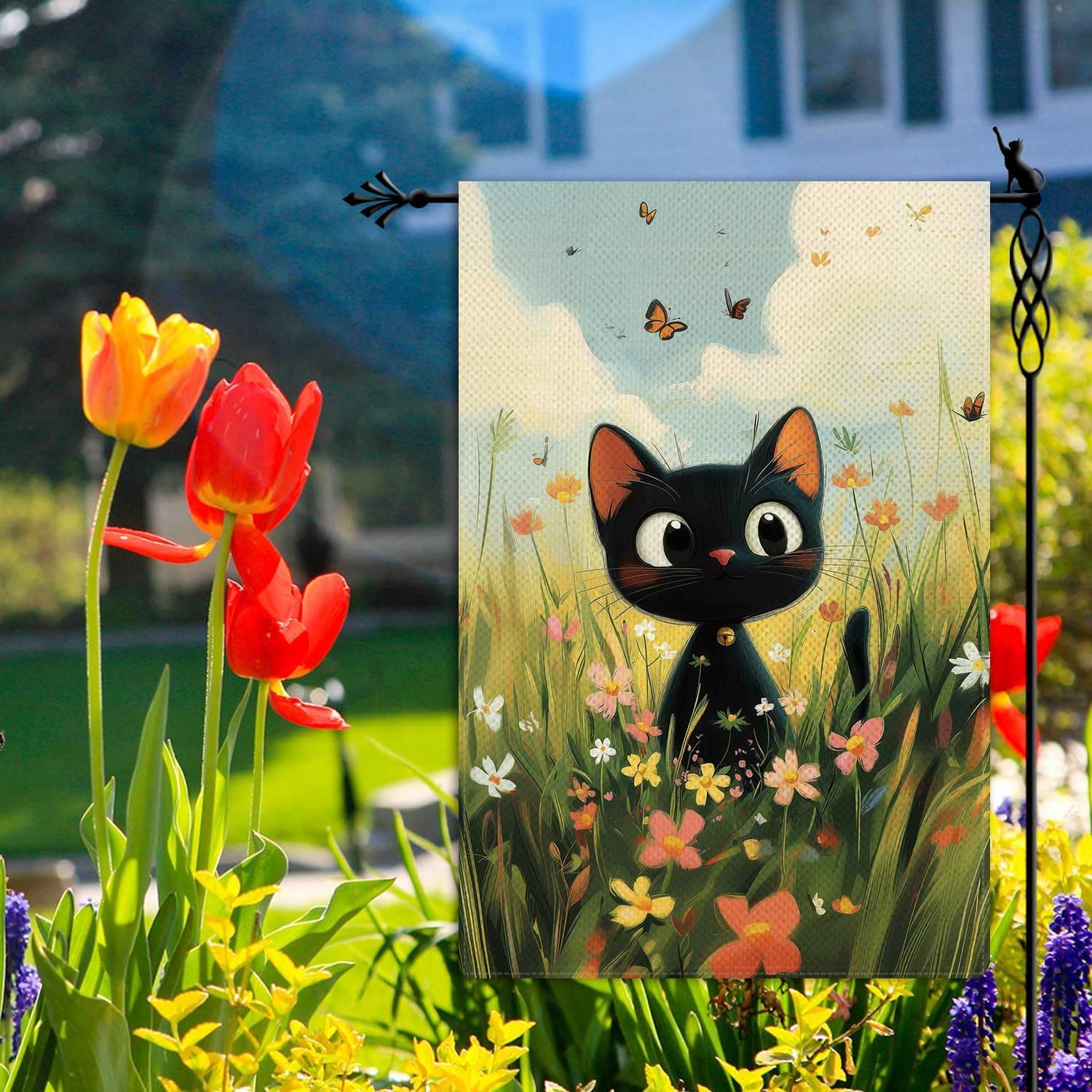 Spring Cute Black Cat Garden Flag Spring Summer Butterfly Floral Flowers Garden Flag Vertical Double Sided Rustic Farmland Burlap Yard Lawn Outdoor Decor 12.5x18" - Image 4