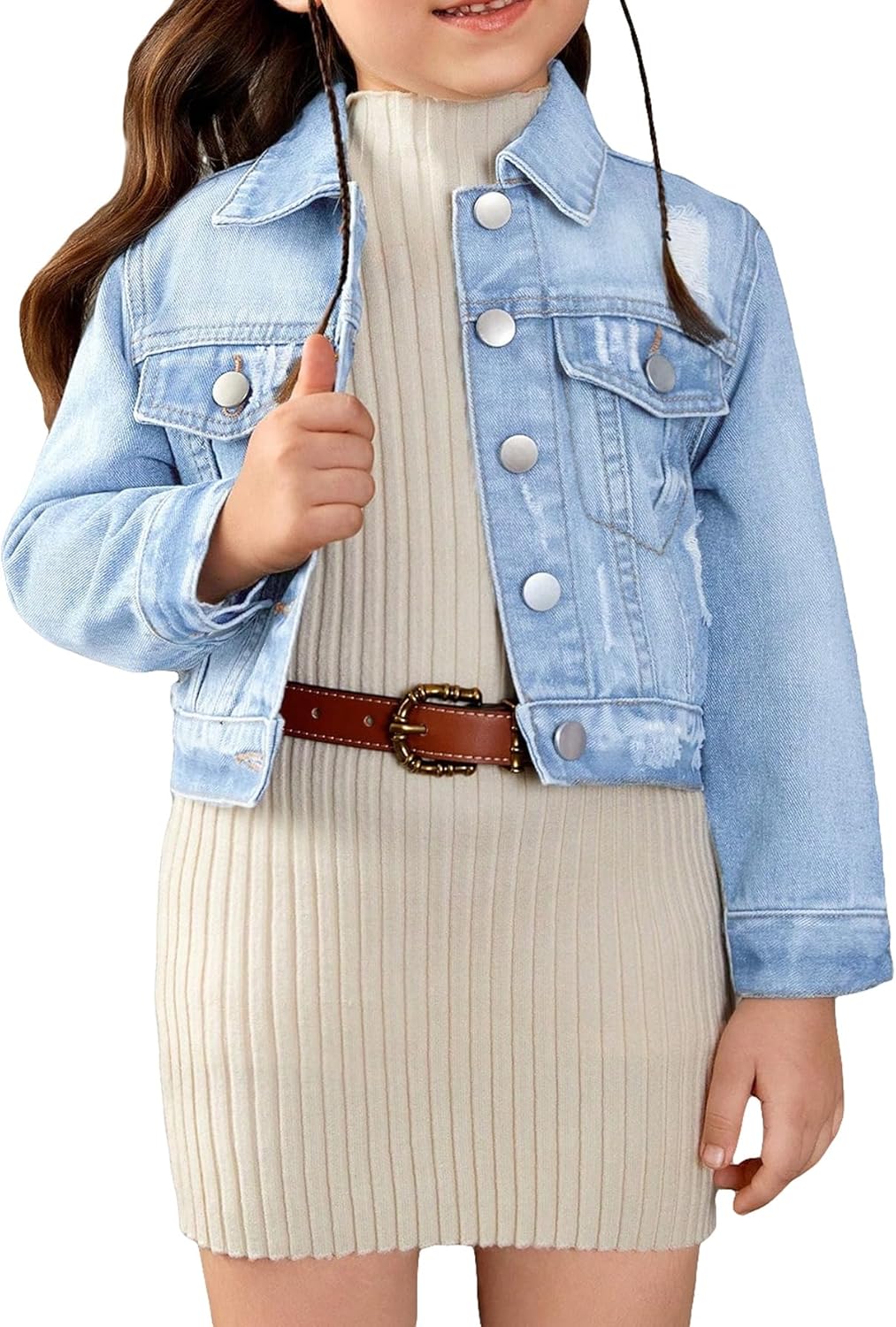 WDIRARA Toddler Girl's Collared Long Sleeve Button Front Ripped Denim Shirt Jacket
