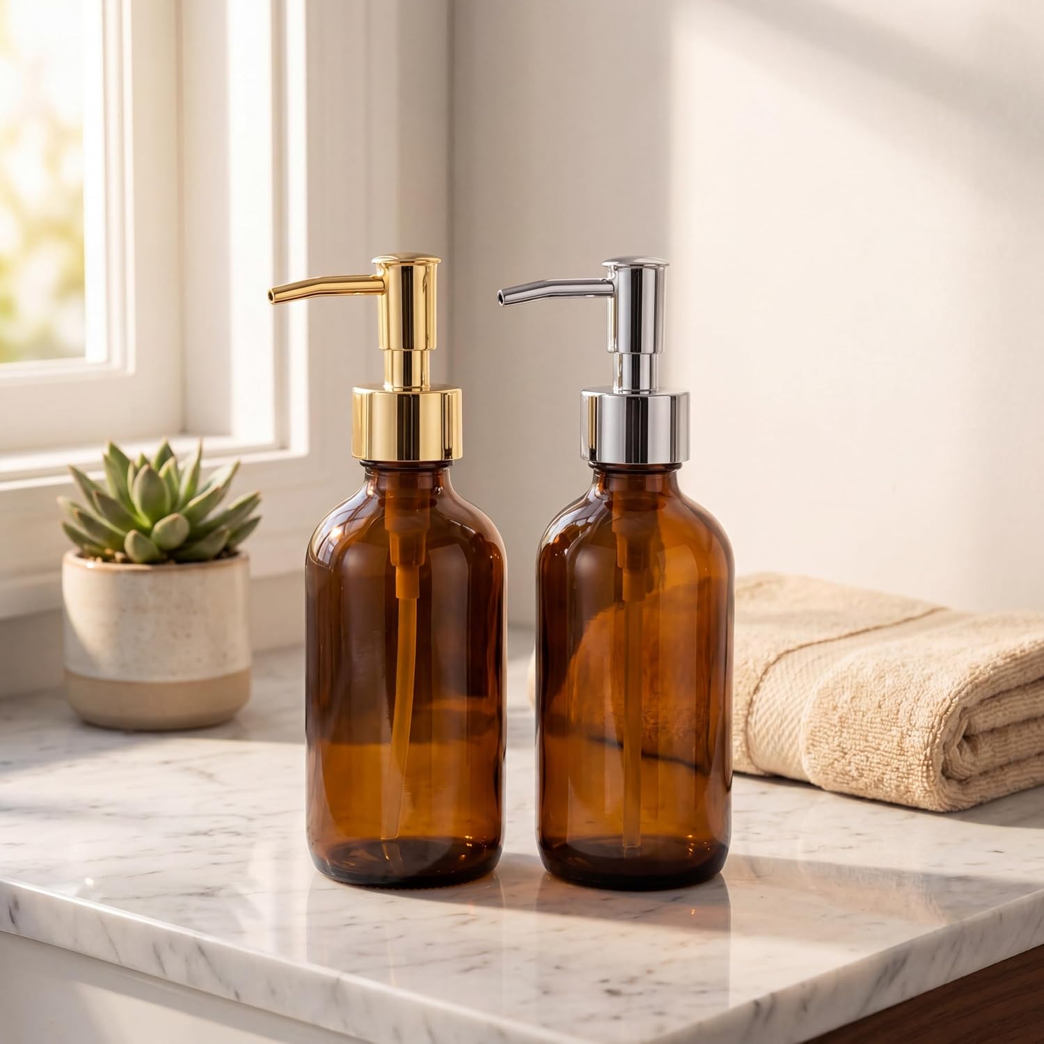 Dual Finish Soap Dispenser Pump Replacement Set, 2 Pack Gold & Silver Pump Heads, Fits Standard 28/400 Bottles, Rust Resistant Lotion Pump Replacement with Adjustable Tubes for Kitchen and Bathroom
