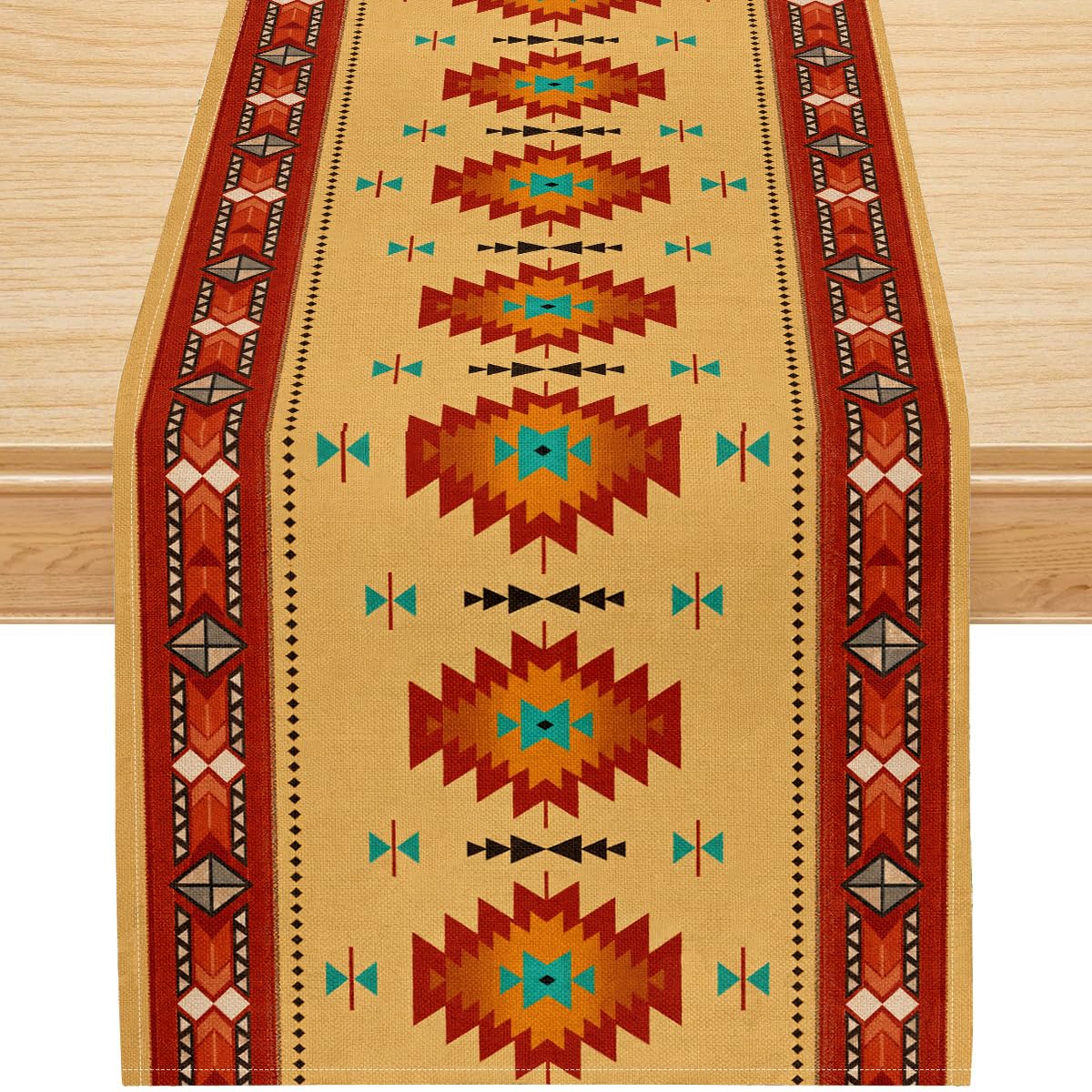 Southwestern Aztec Table Runner, Vibrant Colorful Geometric Tribal Pattern Faux Linen, Bright Boho Dining Decor for Kitchen Table 13x108 Inch