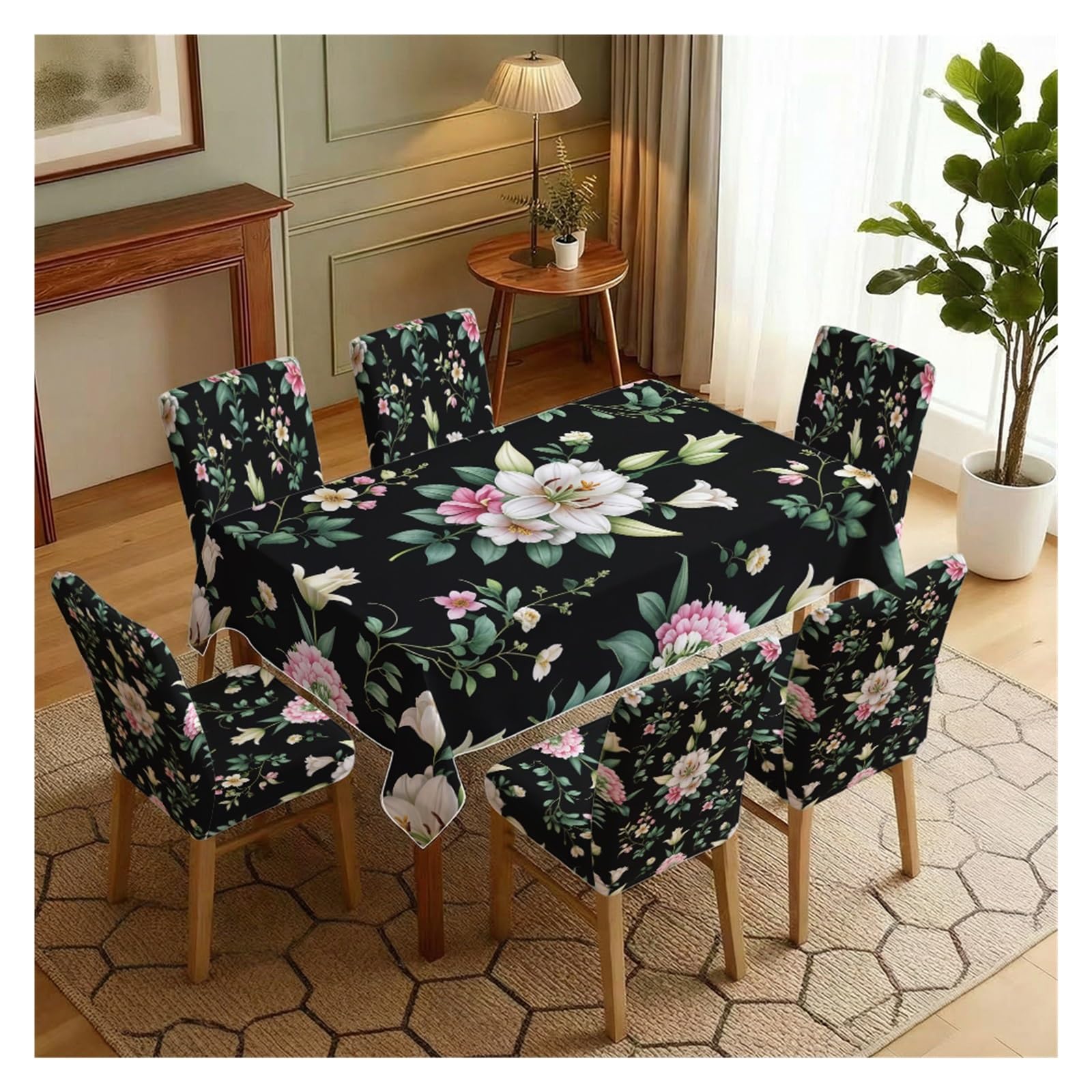 BOSUYBN Stretch Dining Chair Slipcover & Tablecloth Set, Black Background White Pink Lily Vine Floral Print, 5/7 Pack, Moody Elegant Home Decor Table Setting(7pcs Set: Tablecloth+Chair Covers)