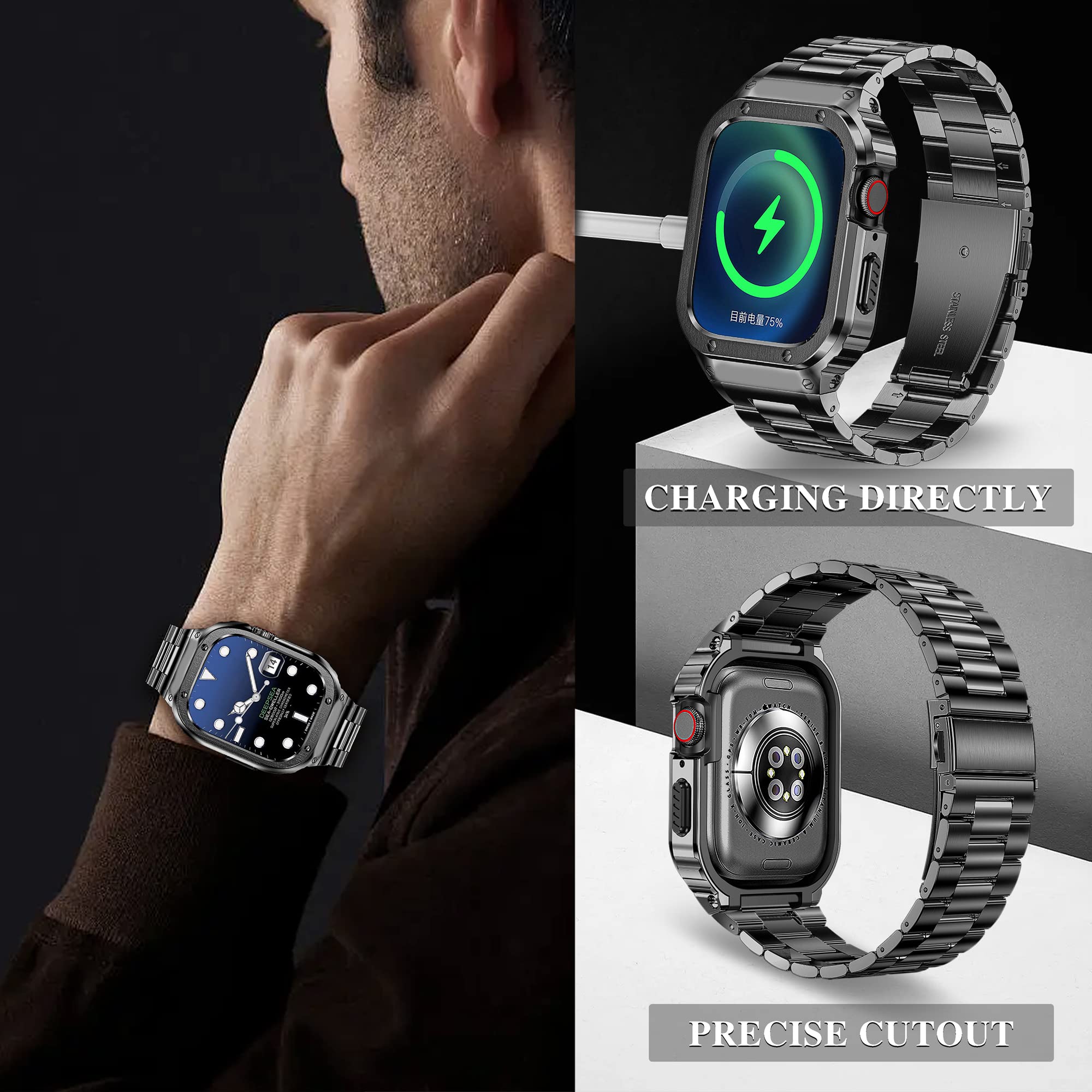 Cinturino per Apple Watch compatibile per iWatch Serie Ultra (49 mm) 8/7 (45 mm/41 mm) 6/5/4/SE (44 mm/40 mm), cinturino in acciaio inossidabile con custodia, cinturini in metallo per iWatch e cover protettiva per uomo