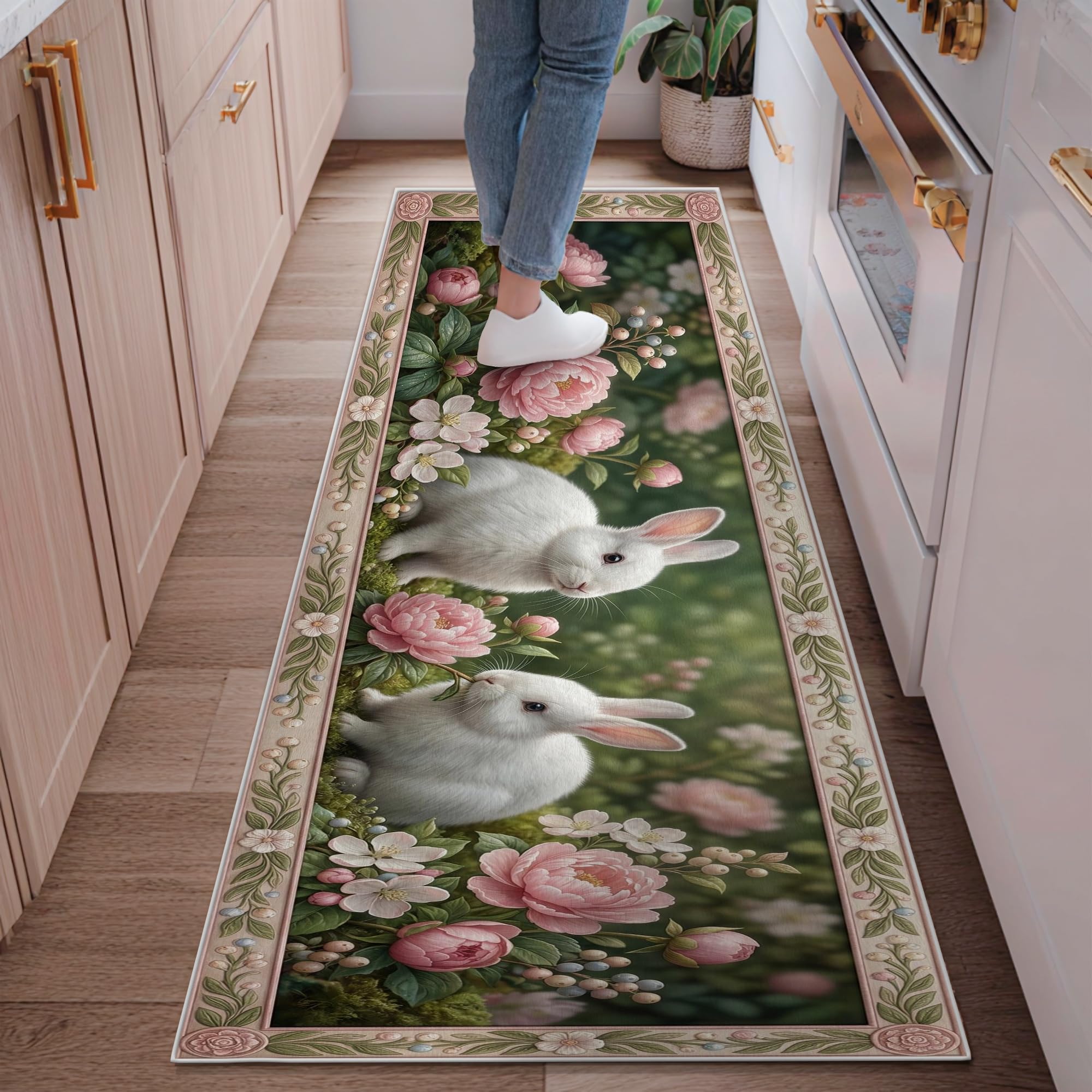 Tapis de couloir vert motif lapin 0,6x1,8 m à poils courts