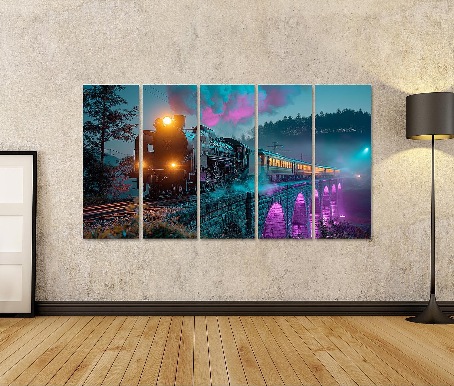 islandburner Quadro su tela Magico Flok di vapore su viadotto Murale soggiorno per romanzi ferroviari – 5 pezzi XXL