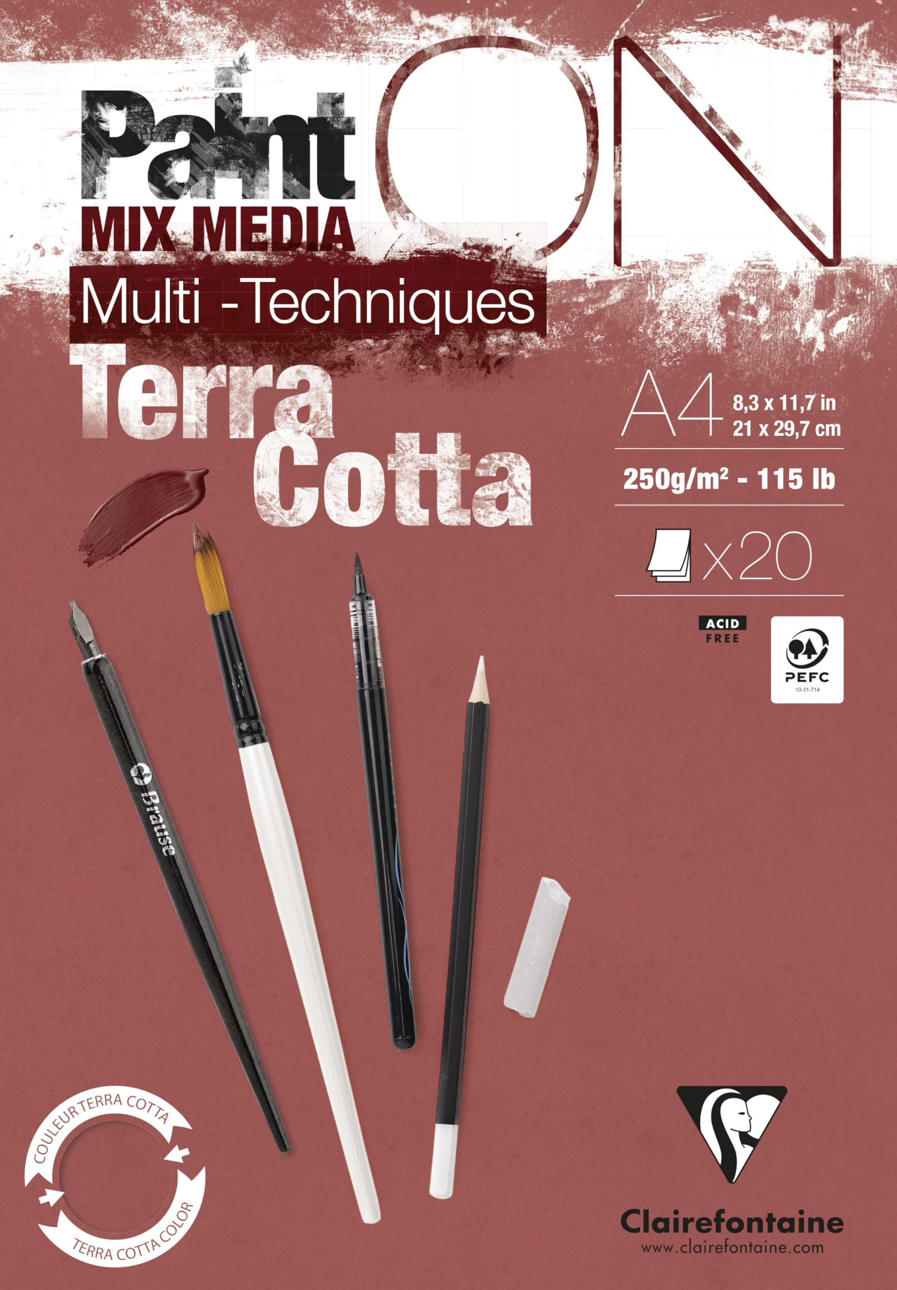 Clairefontaine 976153C PaintON Multi-Technique Terracotta A4 21x29.7 cm 250g Glued Pad - 20 Sheets Multi-Technique Drawing Paper with Rough Grain - Terracotta