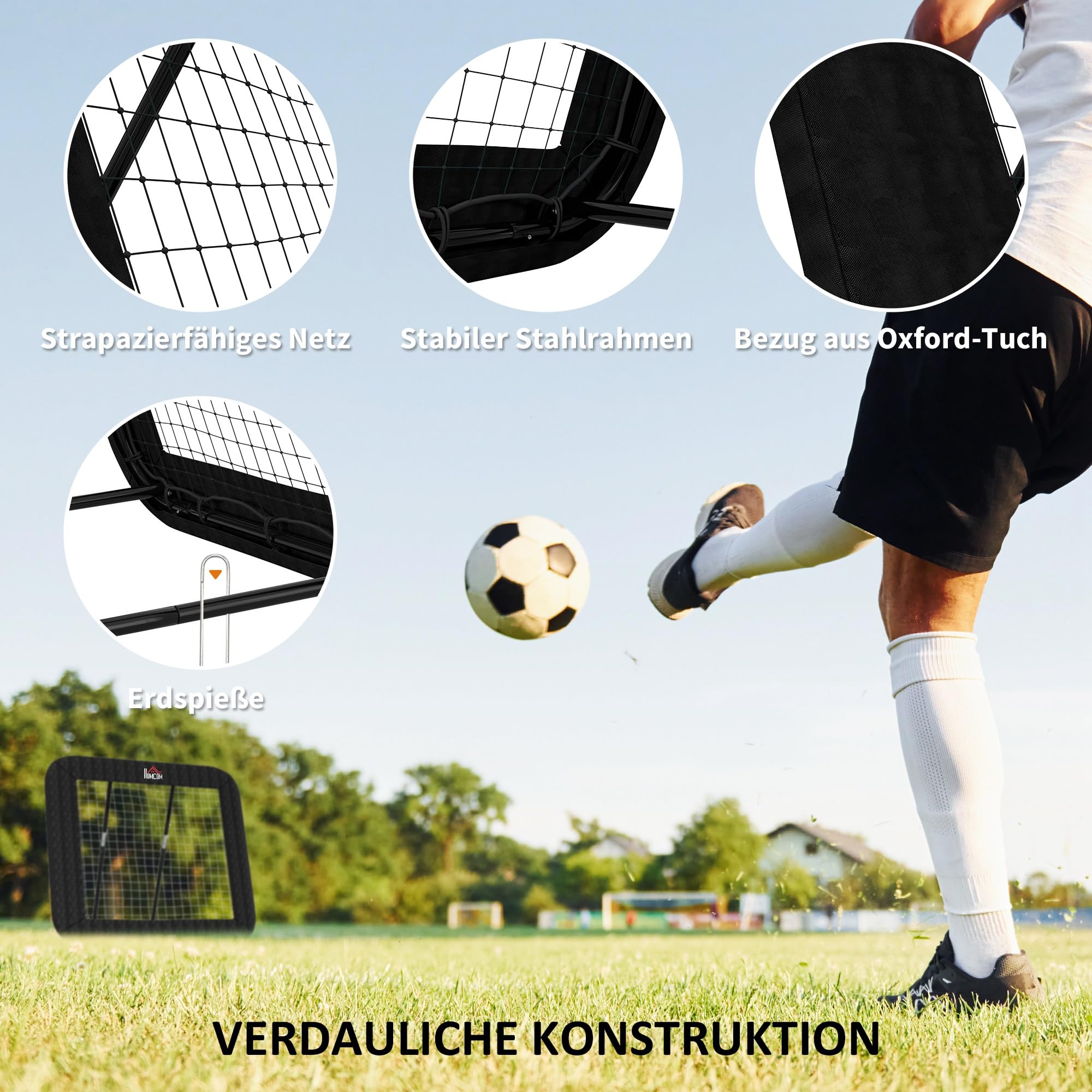 HOMCOM Rebounder do piłki nożnej, 128 x 118 cm, ściana odbijająca z ochronną krawędzią śledzi, regulowana na 5 poziomach, przenośne odbicie, bramka do piłki nożnej dla młodzieży, ściana odbicia do