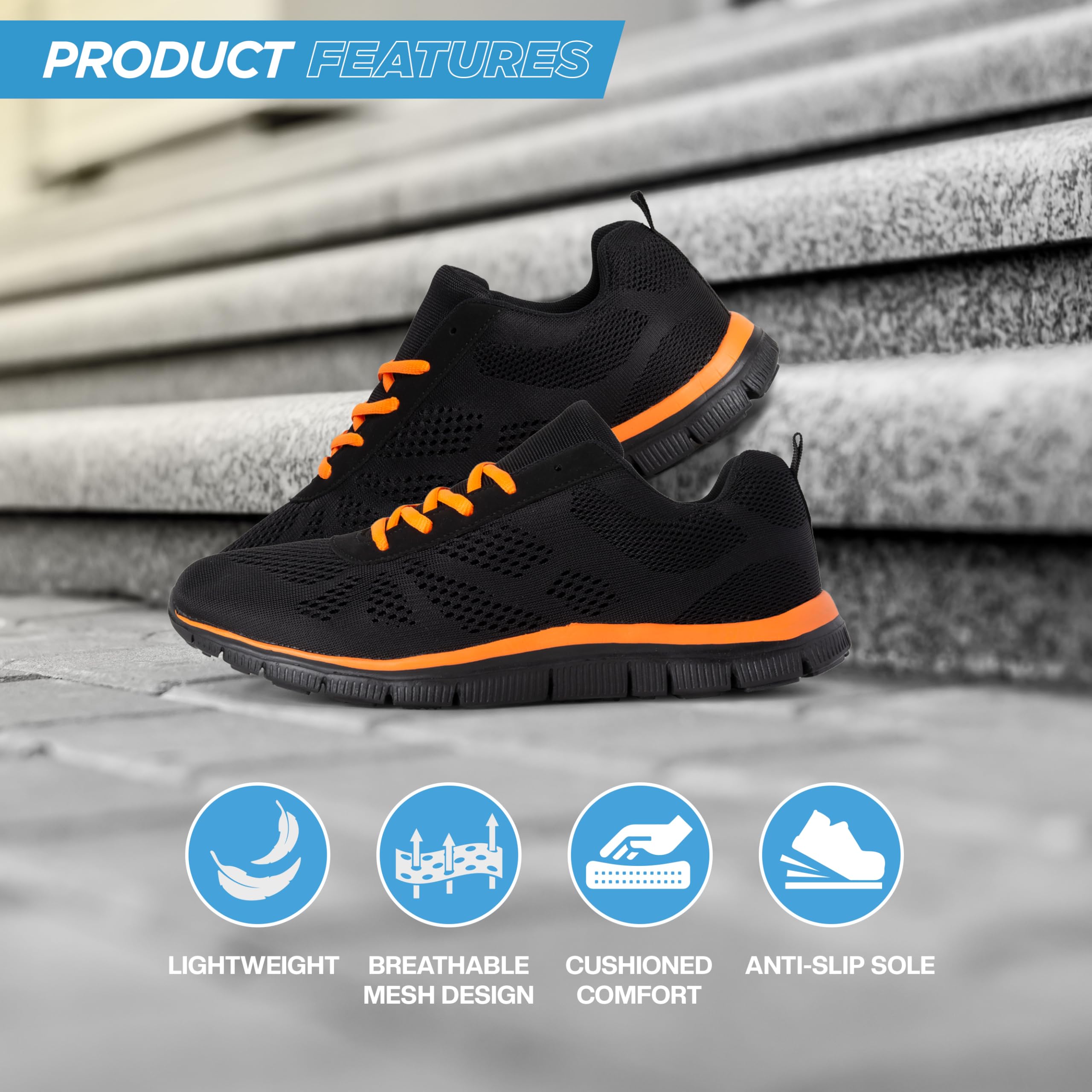 Get Fit Women’s Lightweight Trainers - Breathable Mesh Gym Walking Shoes - Comfortable Lace-Up Fitness Sneakers, Flexible Non-Slip Sole - Black/Orange - UK6/EU39