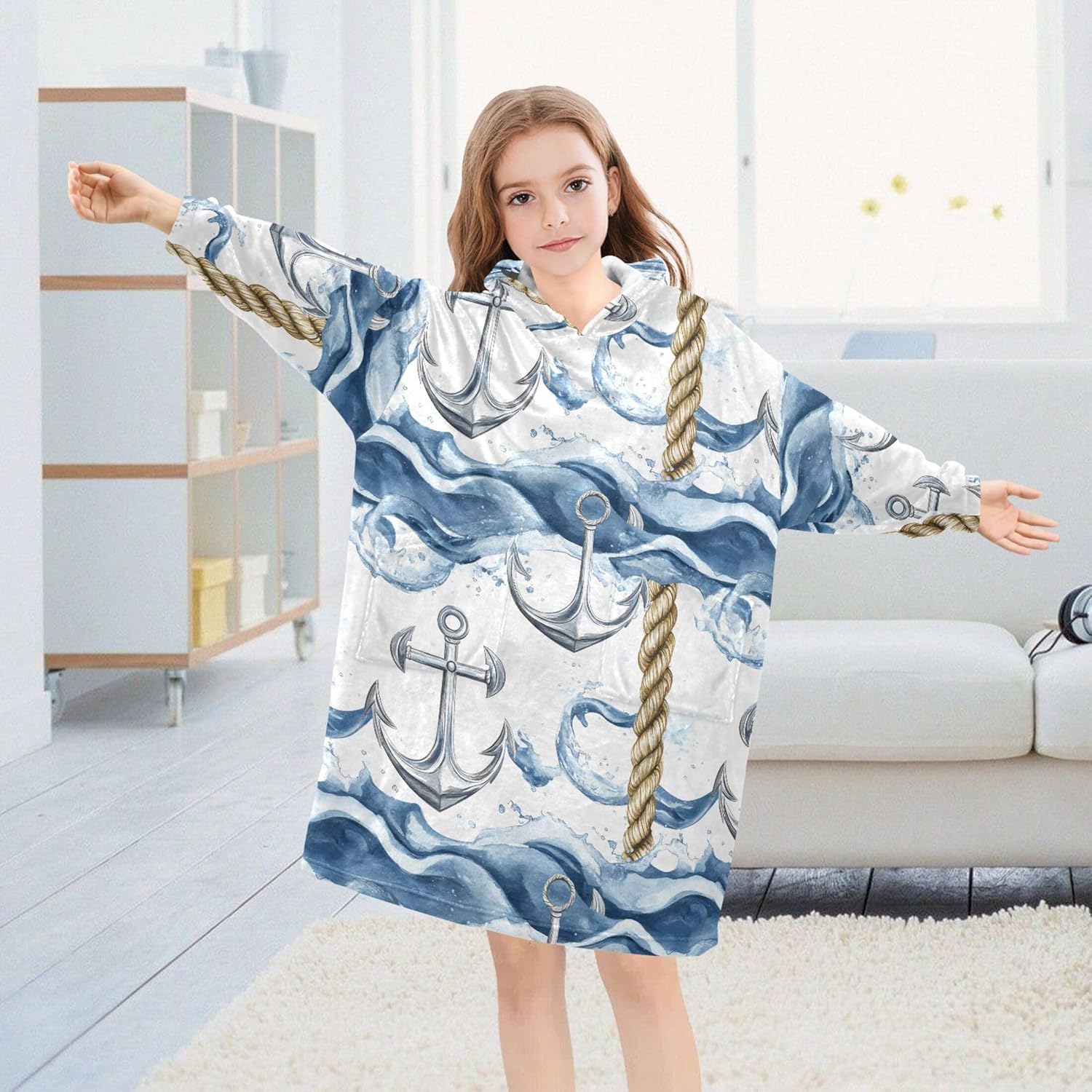 Anchor Wave Kids Wearable Blanket Hoodie with Pocket and Sleeves for Toddlers, Cute Hoodies Girls Boys B0403901