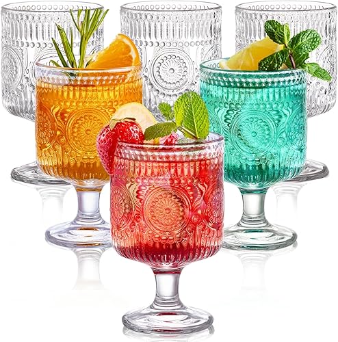 Paquete de 6 vasos de copa vintage, vaso de vidrio floral en relieve de 8 onzas, cristalería de vino romántica transparente, copas de patrón