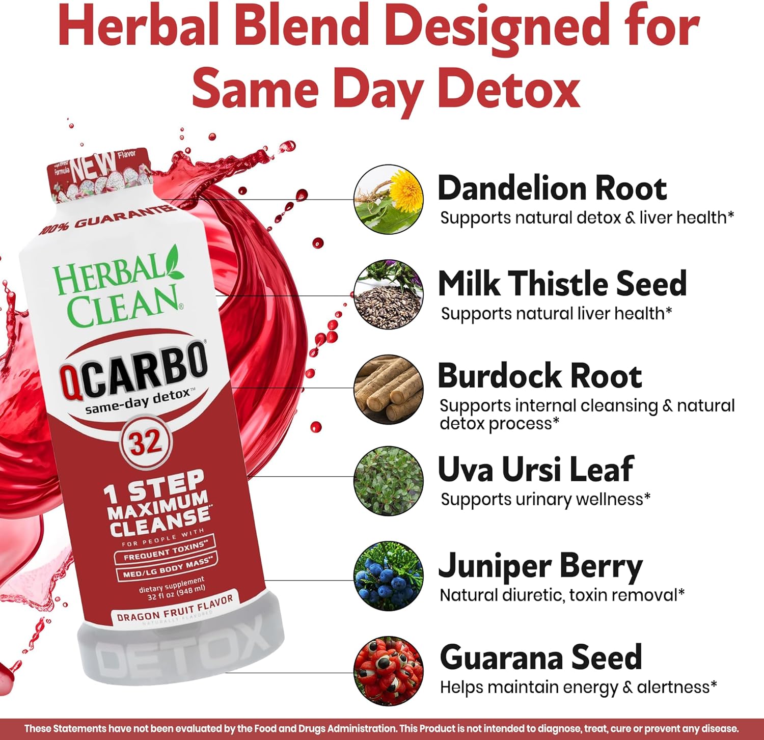 Herbal Clean Qcarbo32 Same-Day Detox Cleanse Drink (32 fl oz) - Dragon Flavor Full Body Cleanse* Detox Drink for Frequent Toxin Level*, Vitamin B2 and Vitamin B12 for Men & Women
