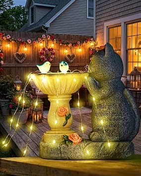 Solar Garden Outdoor Statues Decor, Cat Birdbath with Butterfly Garden Decor for Home House, Yard Art Lawn, Ornaments, Porch Patio, Balcony - Birthday Gifts for Grandma Mom Women