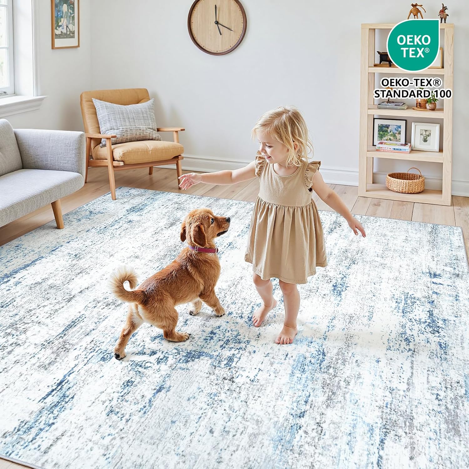Area Rugs 10x14 Living Room: Large Soft Washable Rug Modern Abstract Anti-Skid Non-Shedding Carpet Indoor Floor Thin Carpets for Bedroom Dining Room Farmhouse Nursery Home Office White Gray Blue