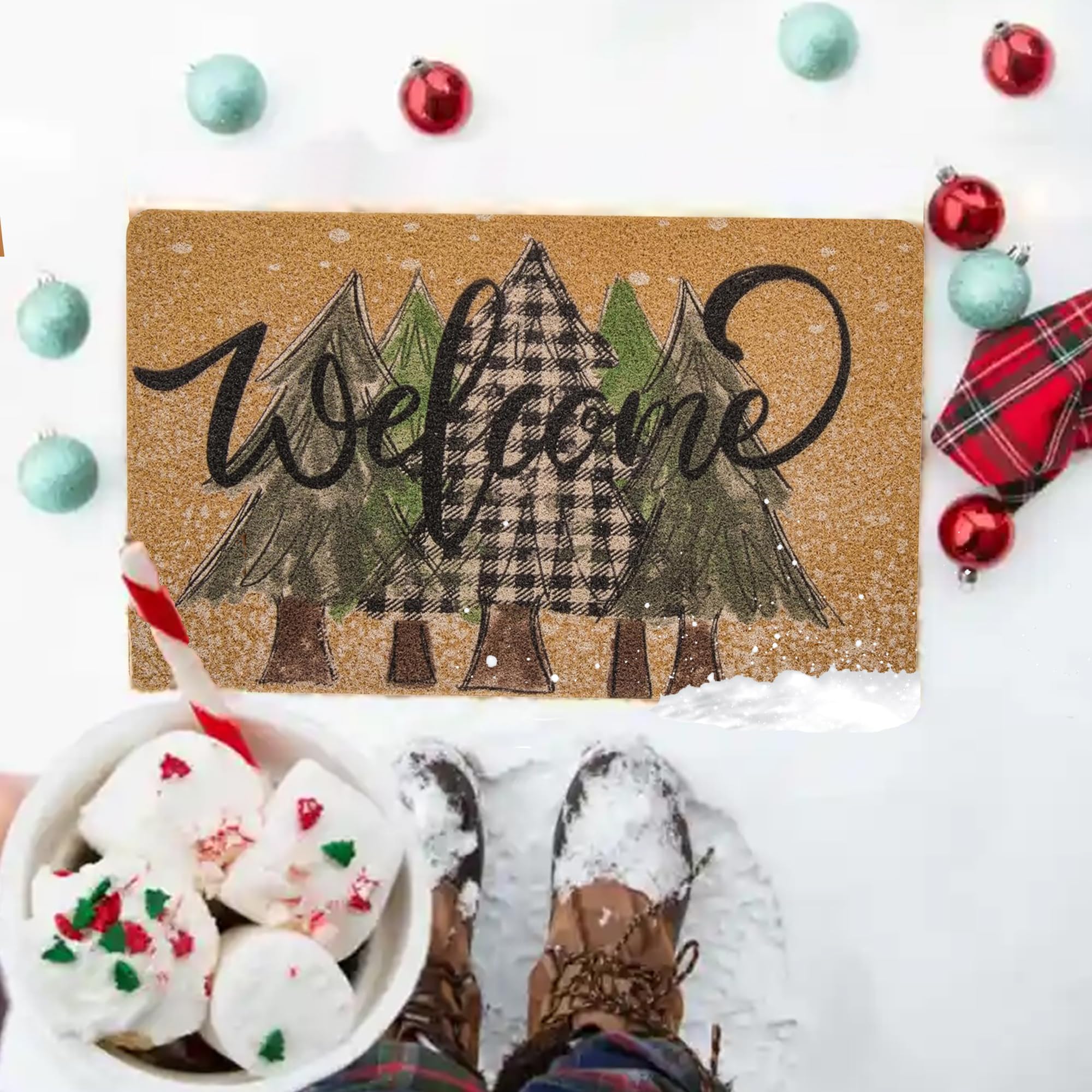 UTOWO Paillasson de bienvenue antidérapant avec imprimé forêt de pins - Tapis d'entrée enneigé - Tapis de Noël au pays des merveilles - 43,2 x 76,2 cm