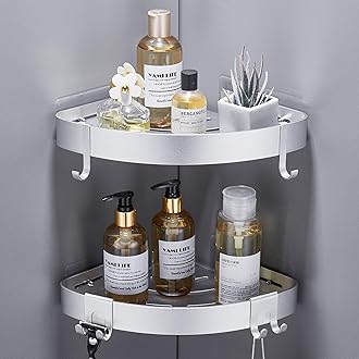 GERUIKE Shower Corner Shelves No Drilling Adhesive Bathroom Shelf, 2-Pack Silver Aluminium Shower Caddy Basket with Hooks - Strong Hold, Rustproof & Wall Mounted