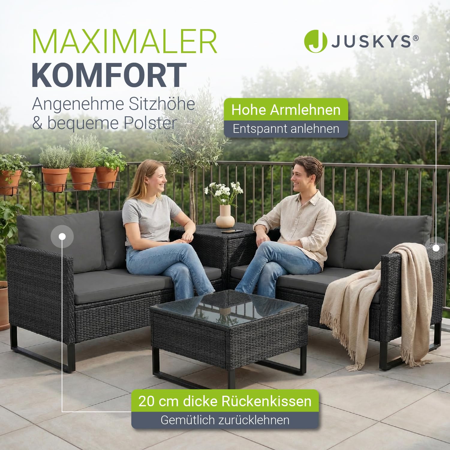 Juskys Polyrattan Lounge für 4 Personen – Outdoor Gartenmöbel Set Santorini mit Beistelltisch & Auflagenbox, wetterfeste Lounge Möbel als Balkonmöbel Sitzecke – Schwarz