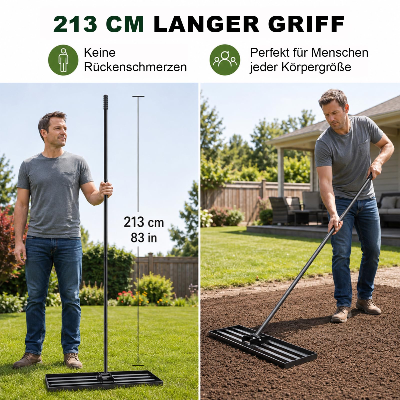 Rasen Nivellierrechen 76,2 × 25,4 cm mit 213 cm Edelstahlstiel, Rasenrechen aus verstärktem Stahl, Schwenkbarer Kopf, Rechen zum Einebnen von Erde, Rasen Nivelliergerät für Garten und Landschaftsbau