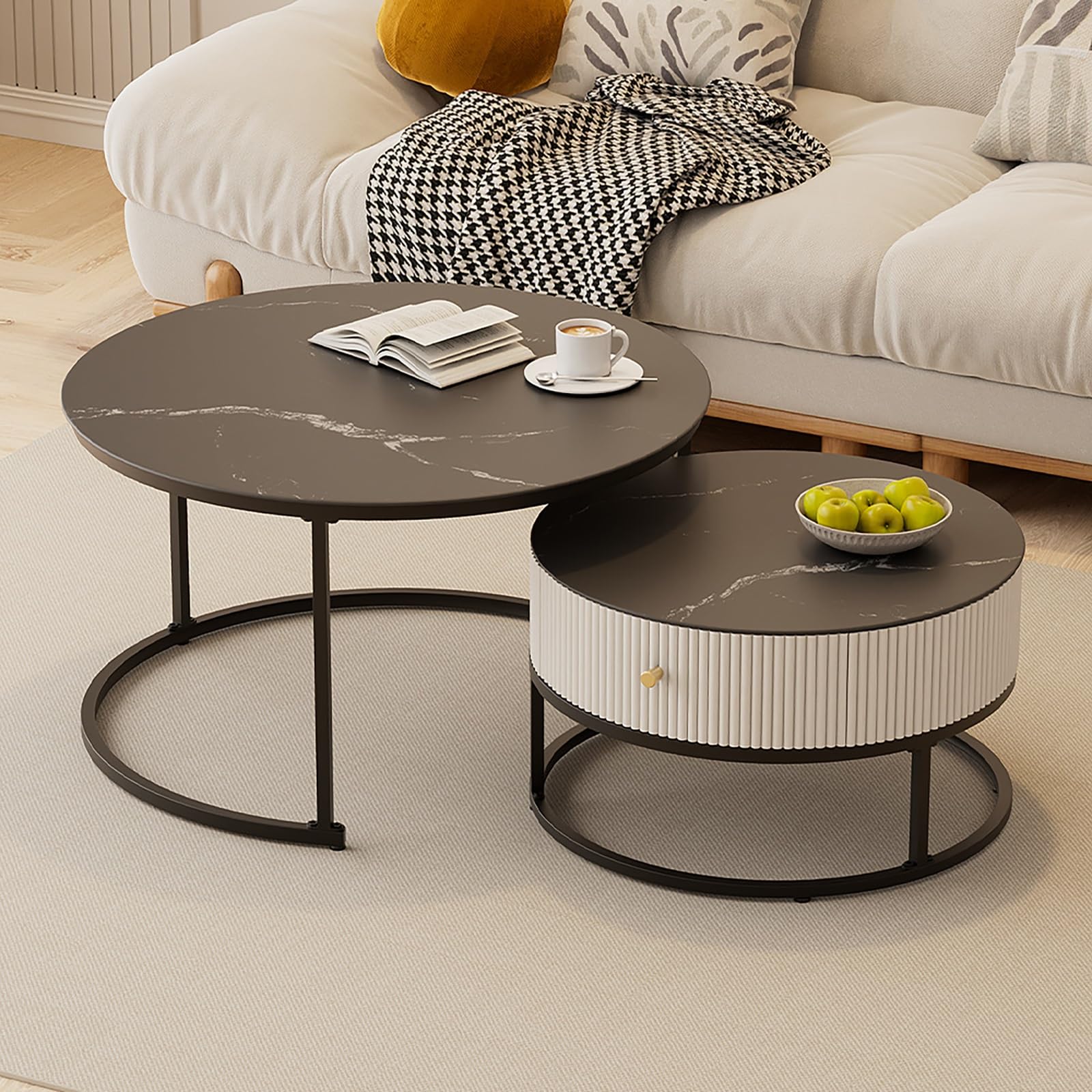 Kaverno Round Coffee Table with Storage, Nesting Coffee Table Set of 2, 60+45cm, Black