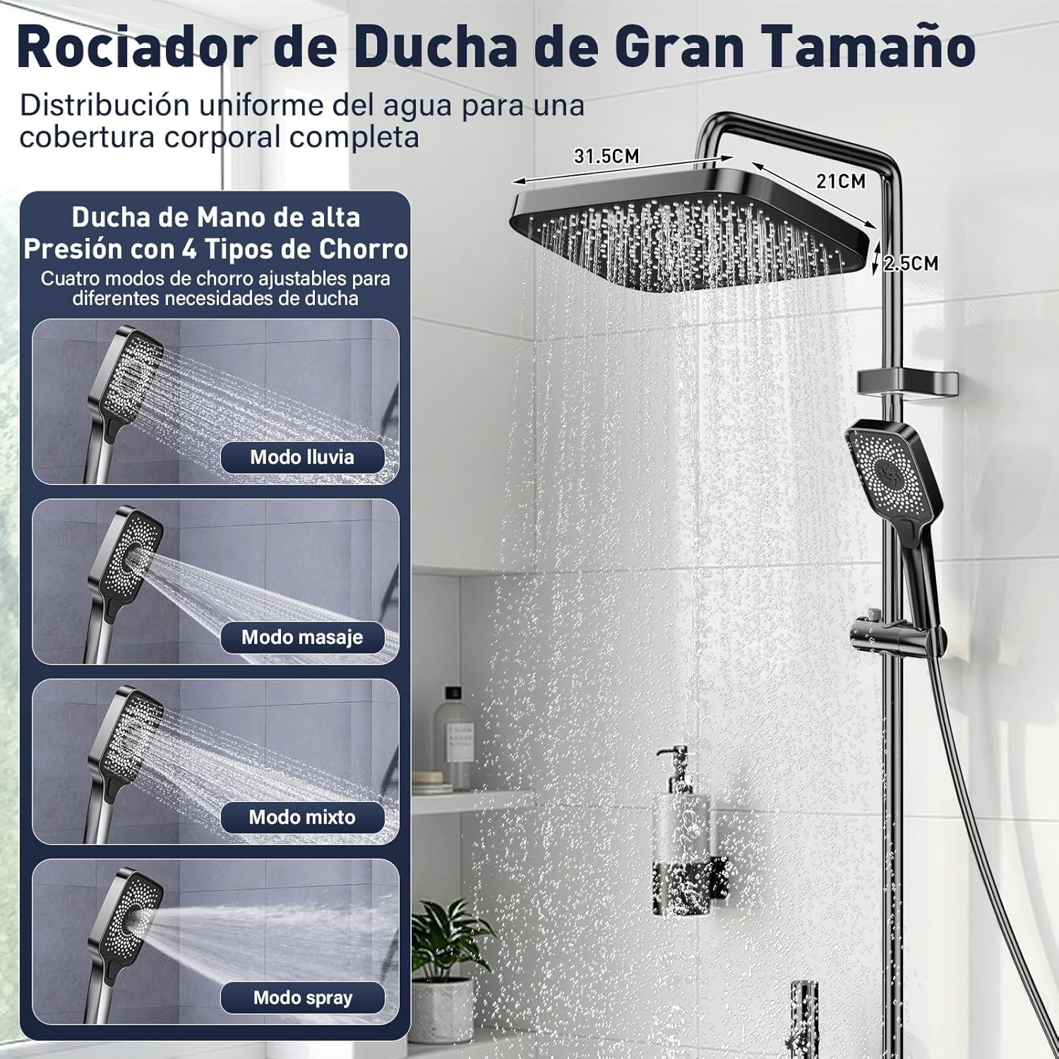 Columna Ducha con Grifo, Panel Control Piano 4 Modos y Altura Ajustable, Cabezal de Ducha XL estilo Lluvia, Ducha de Mano, Rociador auxiliar y Grifo Cascada, Grifo Ducha Termostatico Bañera