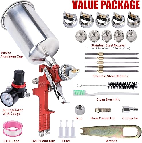 Miniatura 6 de HVLP Spray Paint Gun for Automotive - Gravity Feed Paint Gun Kit Includes 5 Nozzles (1.4, 1.7, 2.0, 2.5, 3.0mm) and 1000cc Aluminum Cup. Suitable