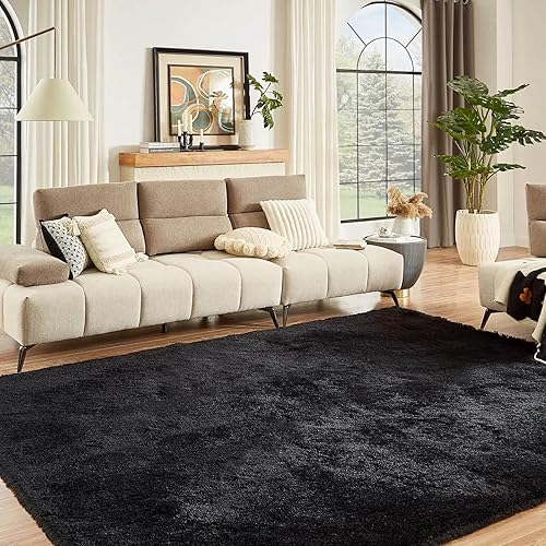 Miniatura 28 de Floralux Alfombra negra de 5 x 7 pies para dormitorio, ultra suave, esponjosa, para sala de estar, alfombra moderna antideslizante para el suelo