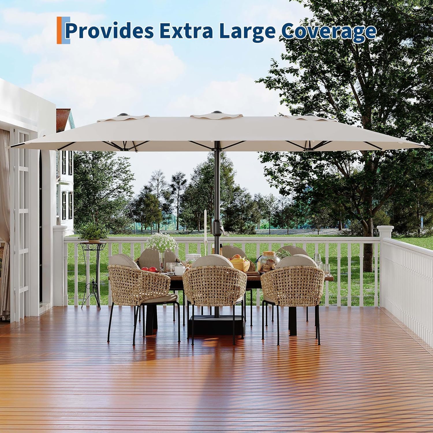 Garvee 15FT Rectangular Outdoor Umbrella Patio Umbrella with Base Included Large Market Umbrellas with Crank Handle UV Protection Table Umbrellas for Outdoor, Backyard, Deck, Poolside, Beige