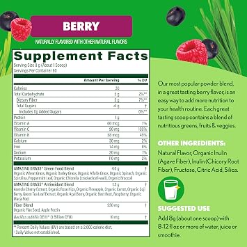 Amazing Grass Super Greens Powder, Organic, Greens Superfood Powder, Smoothie Supplements, Supports Digestion, Probiotics, Spirulina, Beet Root, Berry, 60 Servings, 16.9 Ounce (Packaging May Vary)