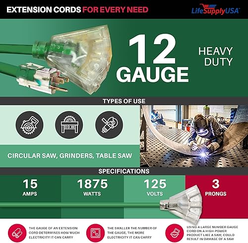 Miniatura 7 de LifeSupplyUSA - Cable de extensión de alimentación de 75 pies para exteriores e interiores, impermeable, 3 salidas, SJTW, calibre 12, 15 amperios,