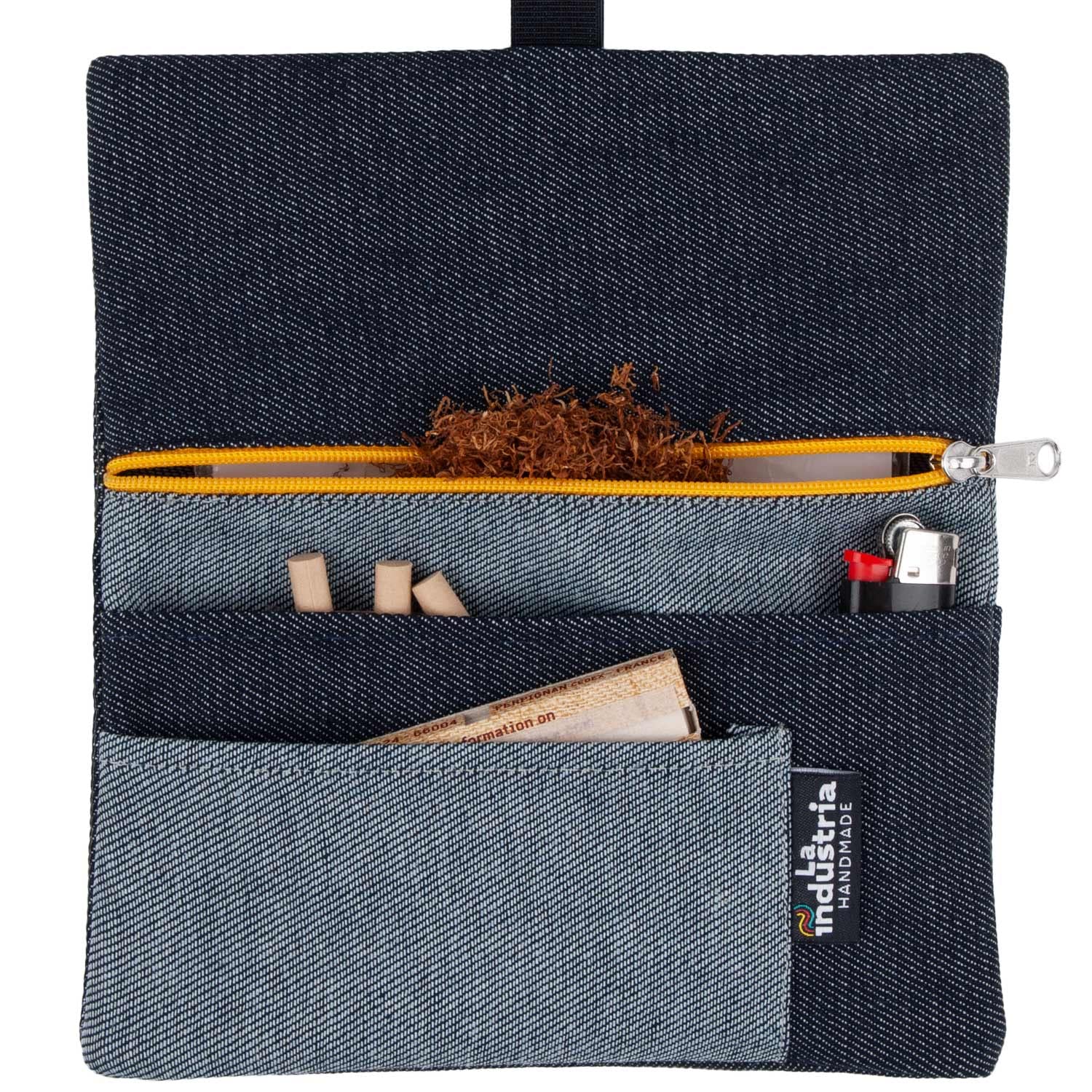Tabaktasche Jeansstoff - Tabakbeutel Drehtabak Tasche Denim (Gelber Reißverschluss)
