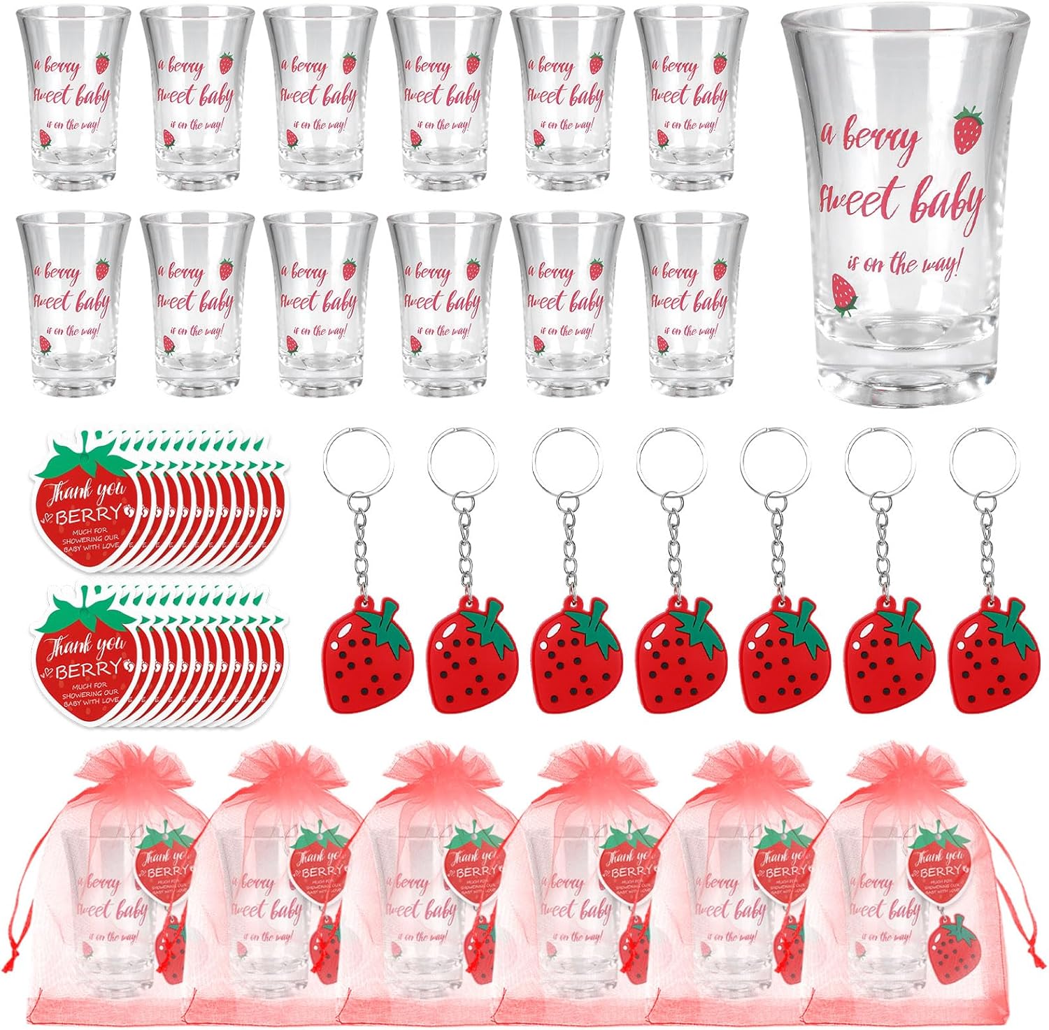 36 Sets Strawberry Party Favors for Guests, Cute Strawberry Shower Decorations, Gender Reveal Clear Acrylic Glasses Keychains Thank You Tags Organza Bags, Berry Sweet Party Shower Decorations