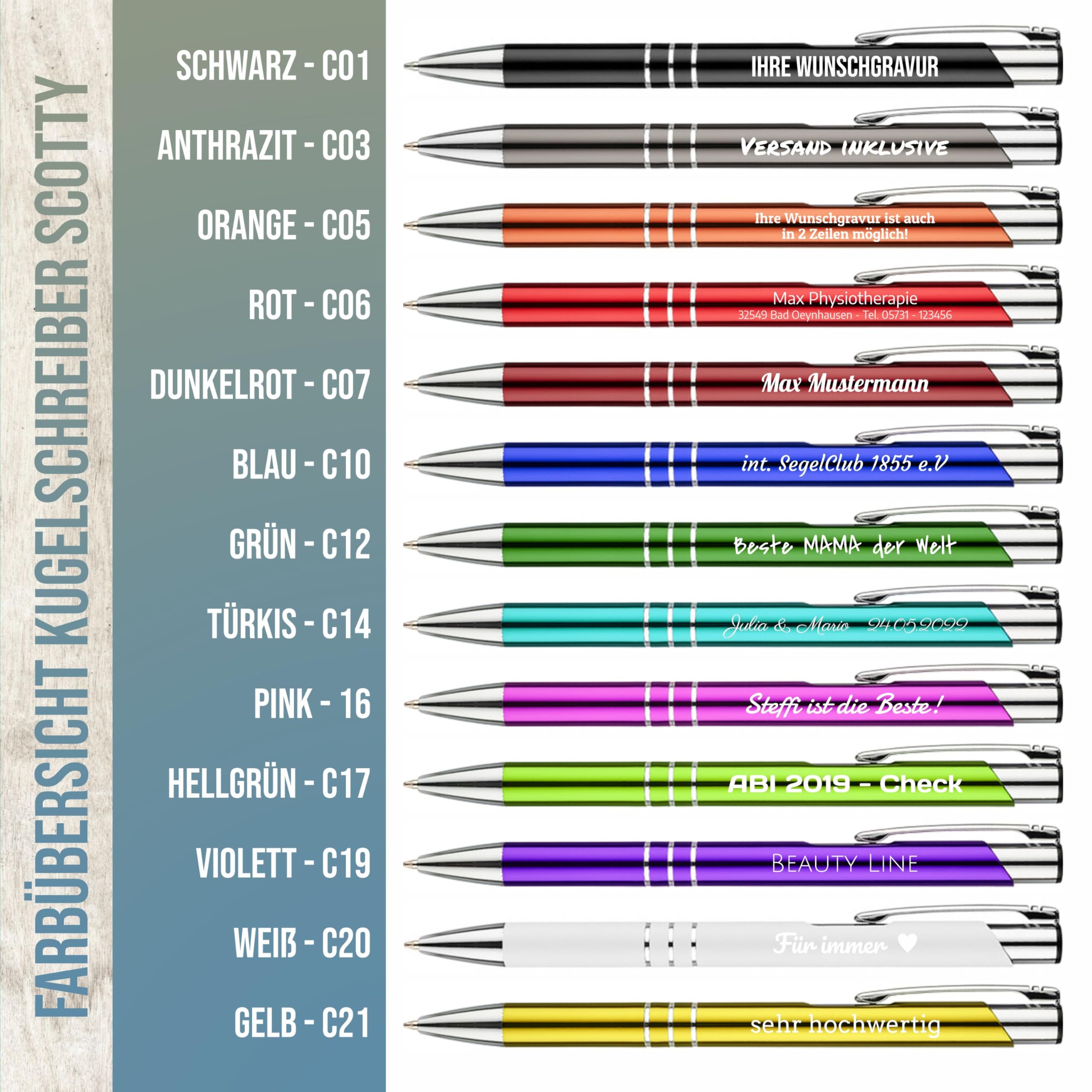 Your Gravur - 250x Kugelschreiber mit Gravur - Scotty - Kugelschreiber personalisiert mit großer Farbauswahl (+13 Farben) - Kugelschreiber als personalisierte Geschenke mit Wunschtext