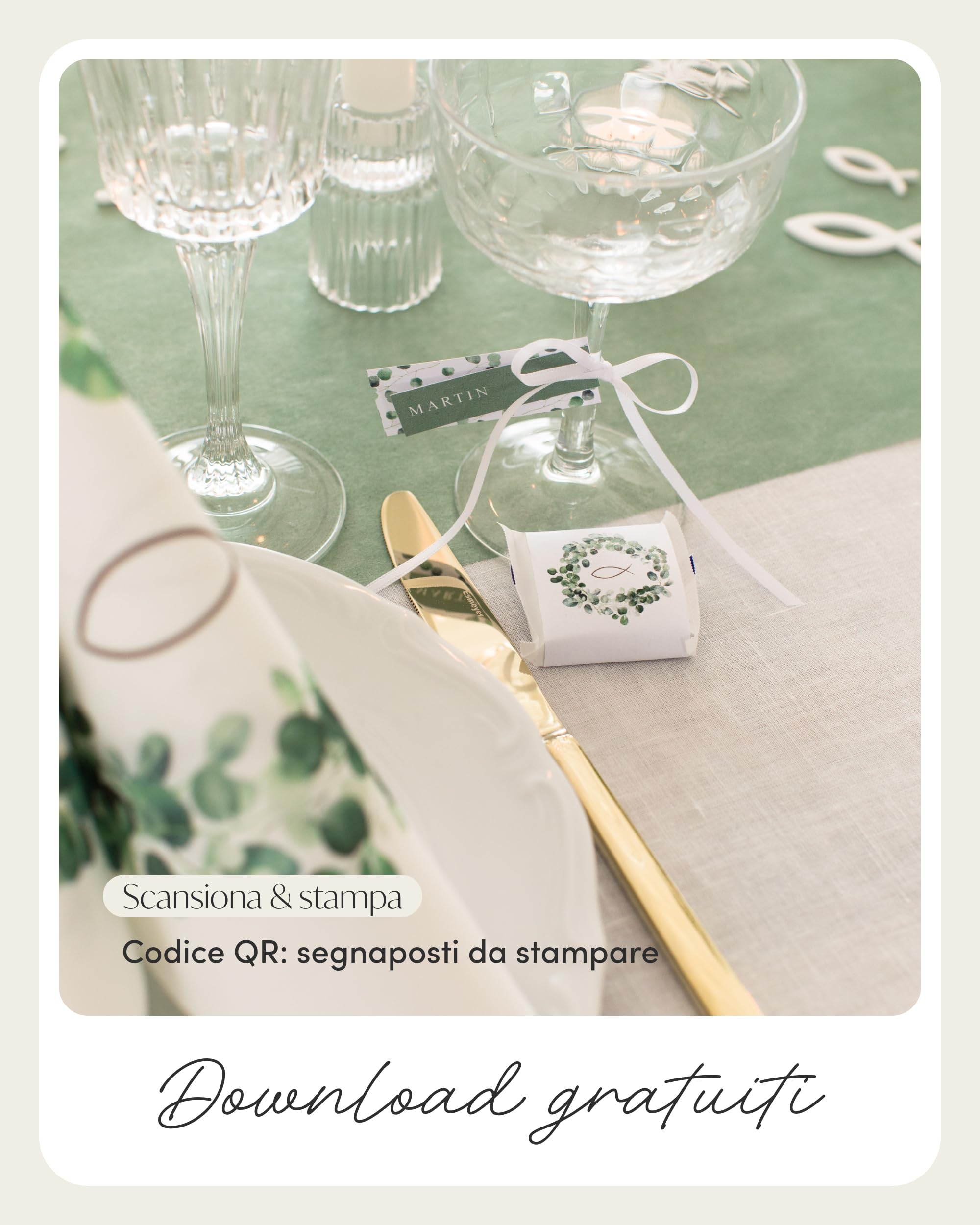 100% Mosel Kit decorazione per la tavola – Corona Eucalipto & Pesce | 25–50 ospiti – Kit completo per Comunione & Cresima con Runner in TNT, Tovaglioli airlaid, coriandoli & nastro