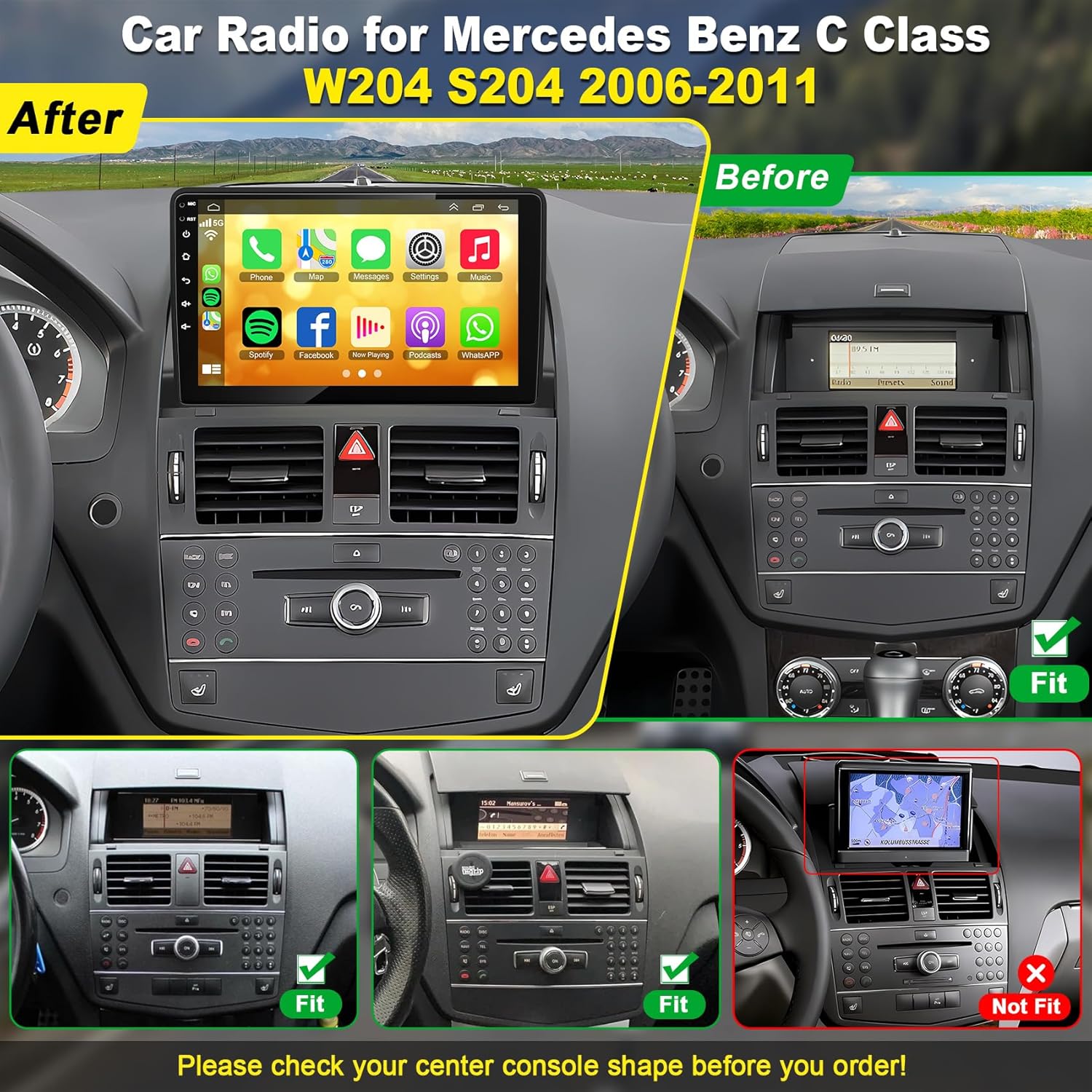 electrosmart 4G 64G Android GPS Car Stereo Radio Carplay Android Auto for Mercedes Benz C-Class C180 C200 C230 C250 C300 C350 W204 S204 2006-2011,9’’ HD Touchscreen Bluetooth WiFi FM SWC DSP