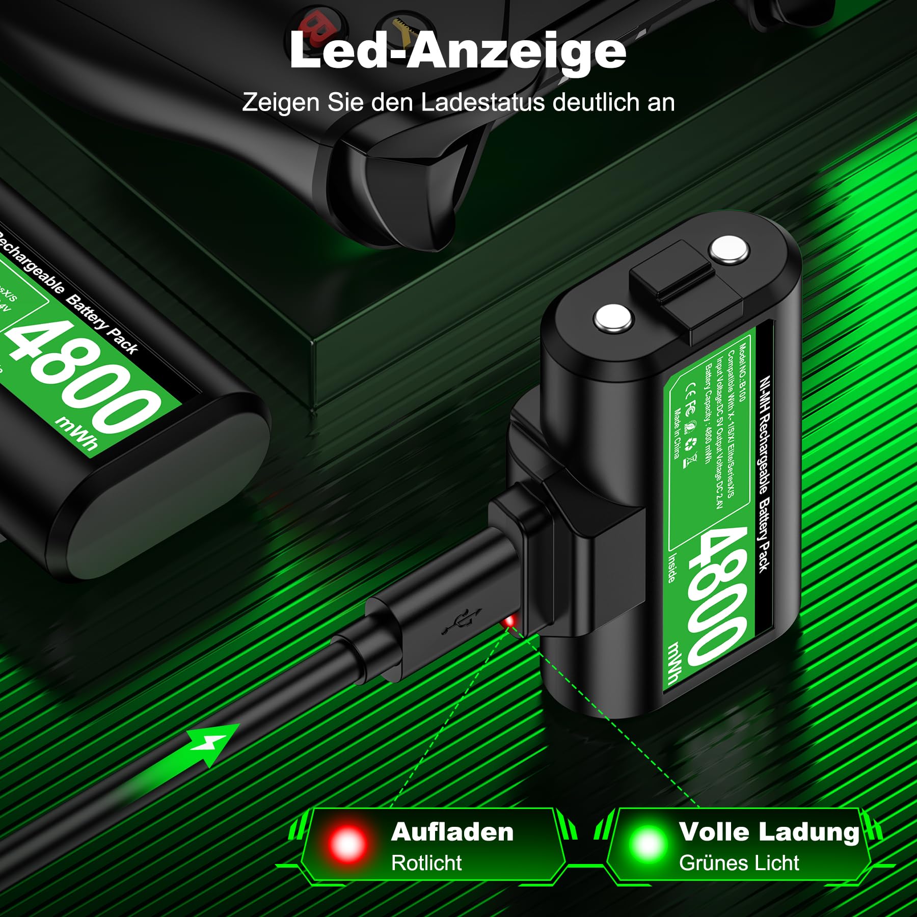 Akku für Xbox Controller, 2 x 4800mWh Wiederaufladbare Akku für Xbox Series X Controller mit 4 Batterie Abdeckung für X-Series X/S/X-One/One S/X/Elite Controller, Play and Charge Kit - 4