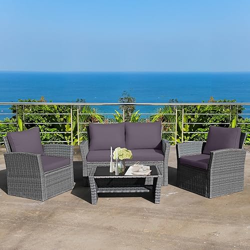Miniatura 3 de Tangkula - Juego de muebles de patio de 4 piezas, conjunto de sofá seccional para todo clima de ratán para exteriores con cojines y mesa de cristal