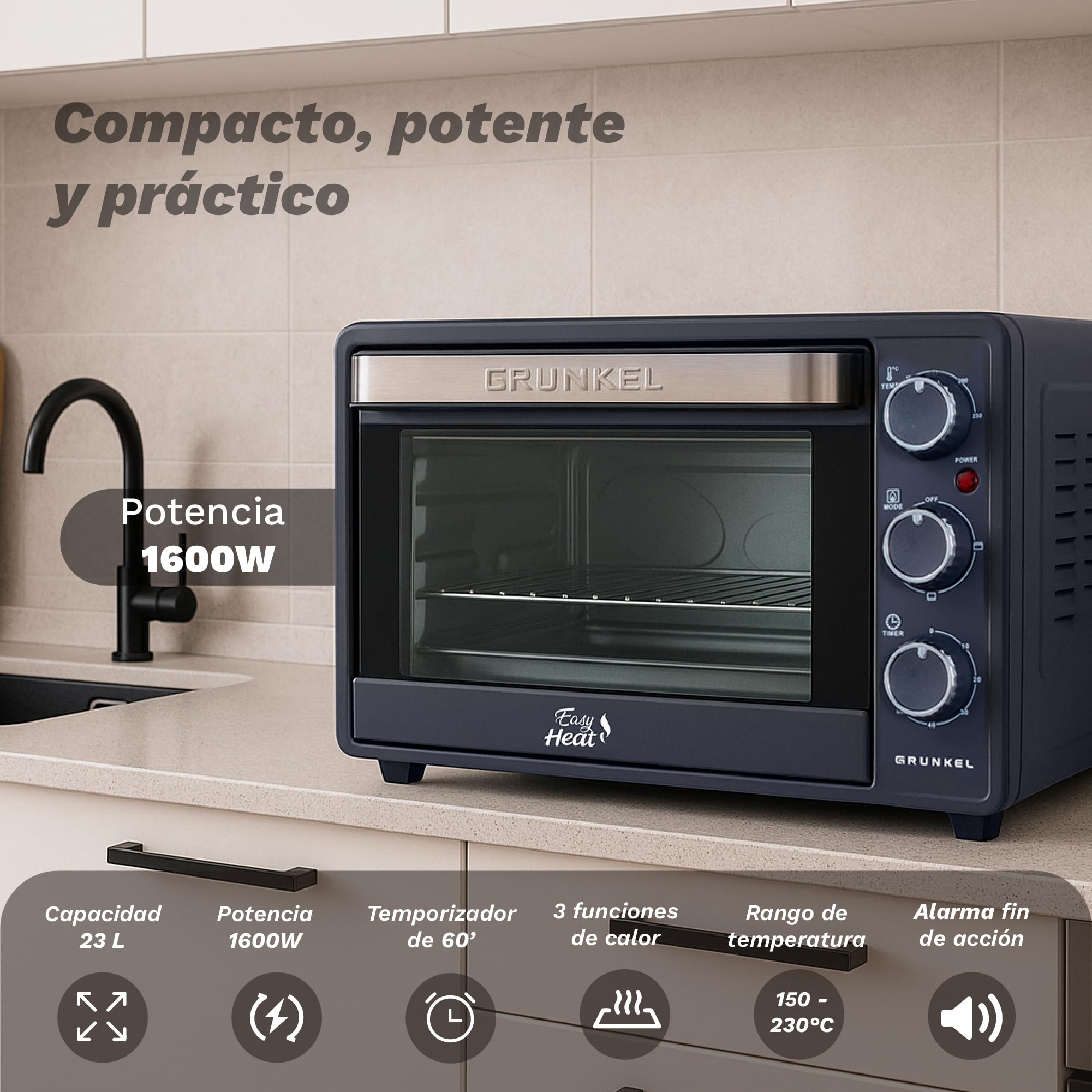 Grunkel Forno elettrico multifunzione da tavolo da 23 l, con 3 funzioni di calore e selettore di temperatura fino a 230 °C. Timer fino a 60 minuti - 1600 W