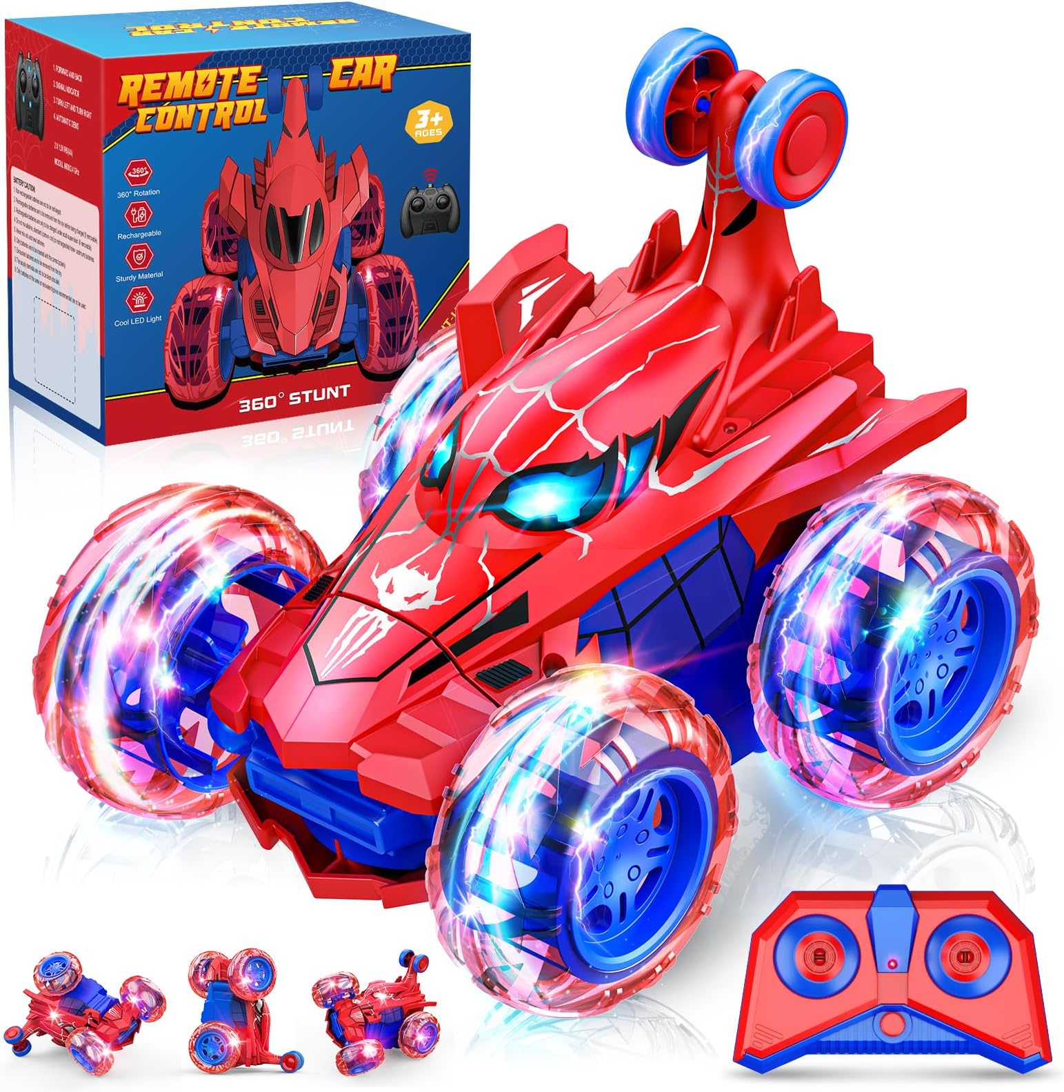 Remote Control Car,360° Rotating 2.4GHz Fast Stunt RC Cars with Wheel Lights Off Road RC Crawlers Toys for Boys 4-6 6-8 8-12 Birthday Easter Gifts