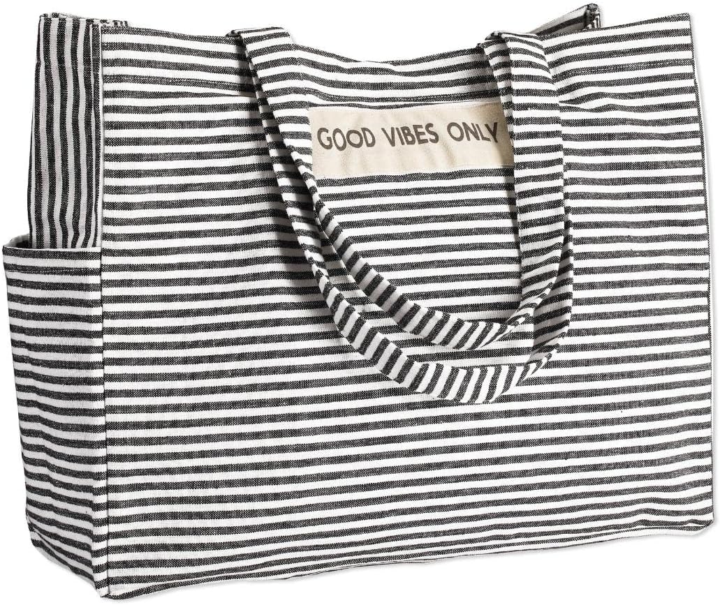 Beach Bag For Women | 17 x 14 Inch - 100% Cotton Beach Tote Bag With Zipper Pocket Inside, Large Woven Pool Bag