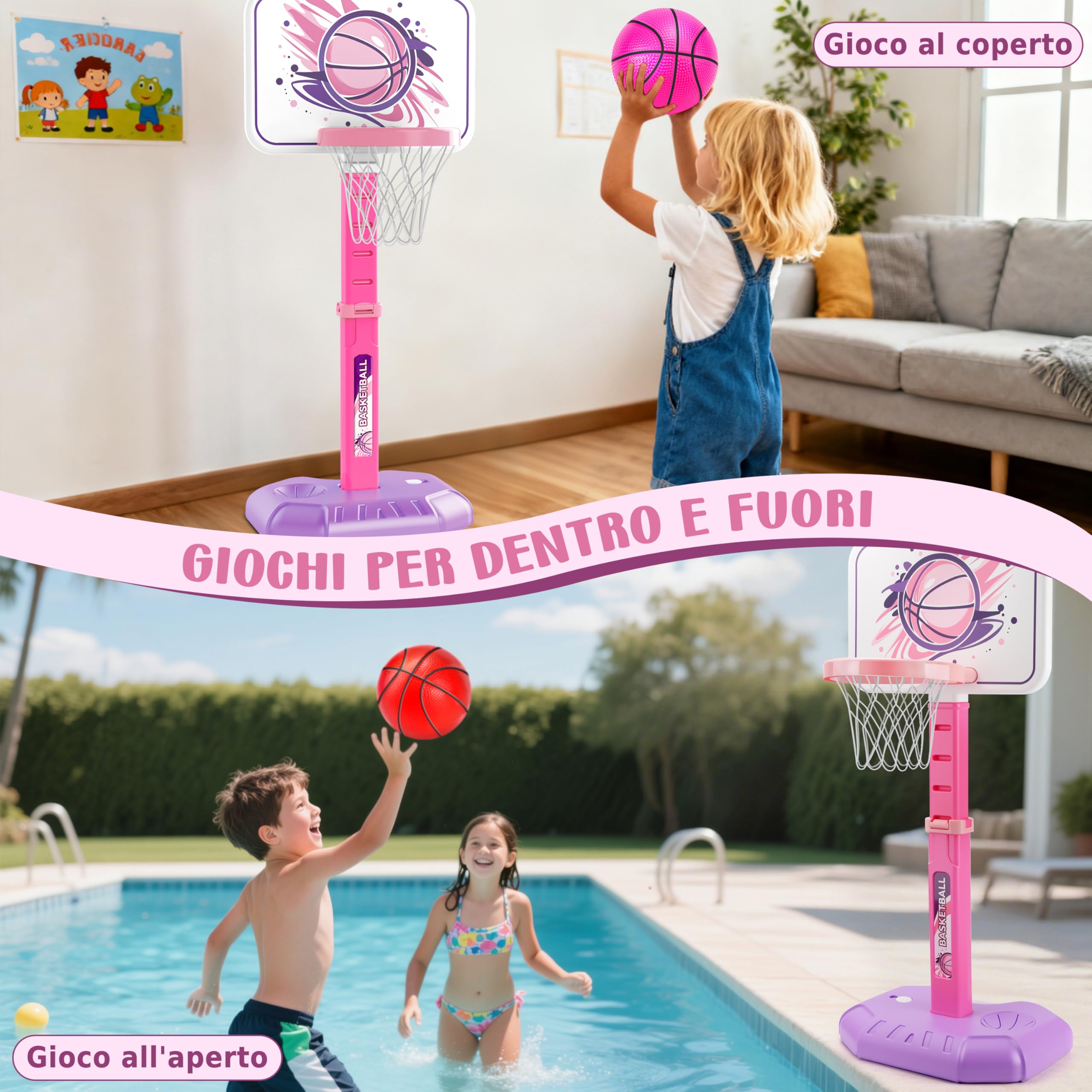 MOMOSTAR Canestro Basket Bambini, Canestro Basket Esterno e Interno, Altezza Regolabile 70-140cm, Giochi da Esterno per Bambini, Regali di Compleanno per Bambini 3 4 5 6 Anni